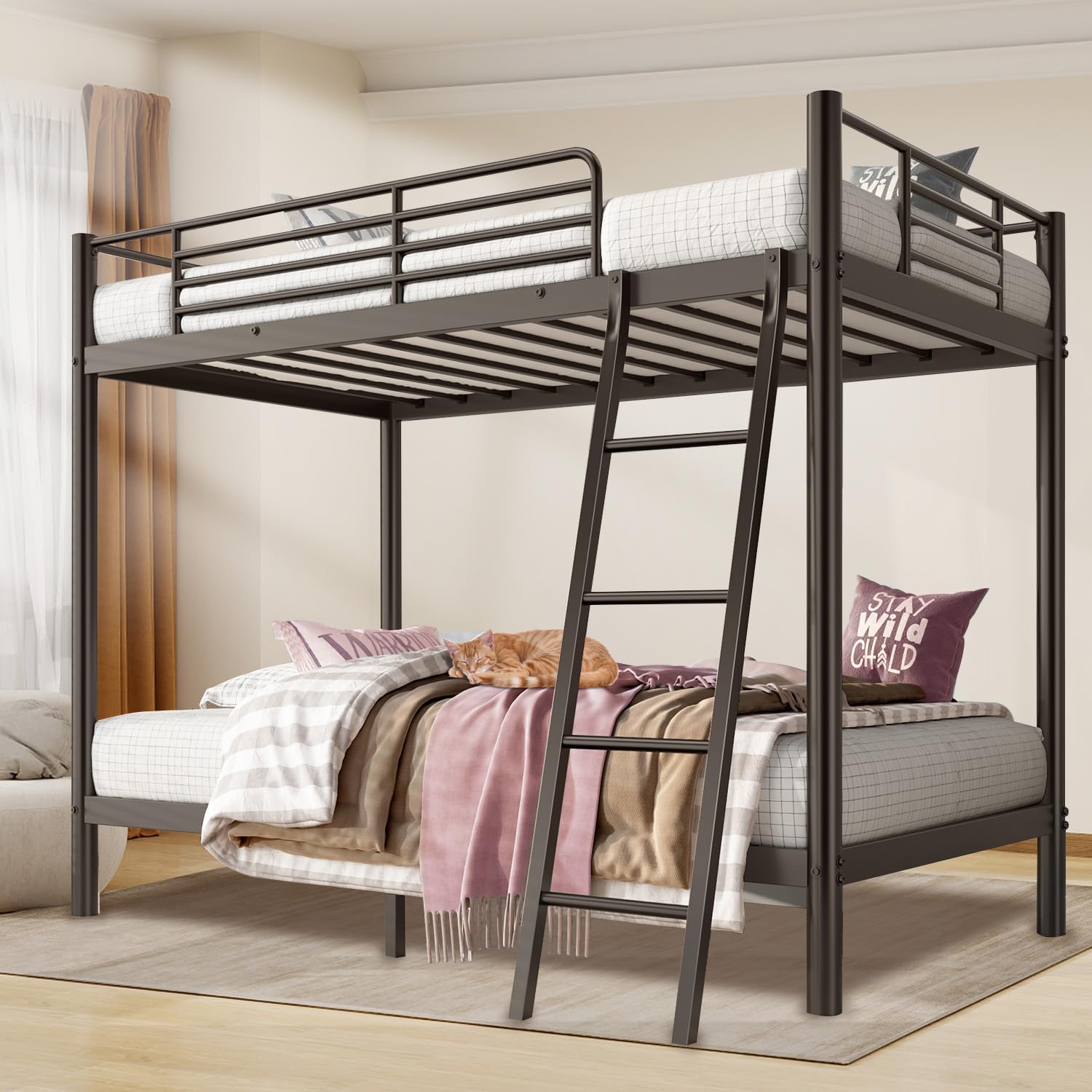 Bunk Bed Twin Over Twin, High Guardrail and Metal Slats Adult Teenager Double Bed Bunk Bed with Storage Dorm Small Spaces Guest Room - No Box Spring Needed (White)