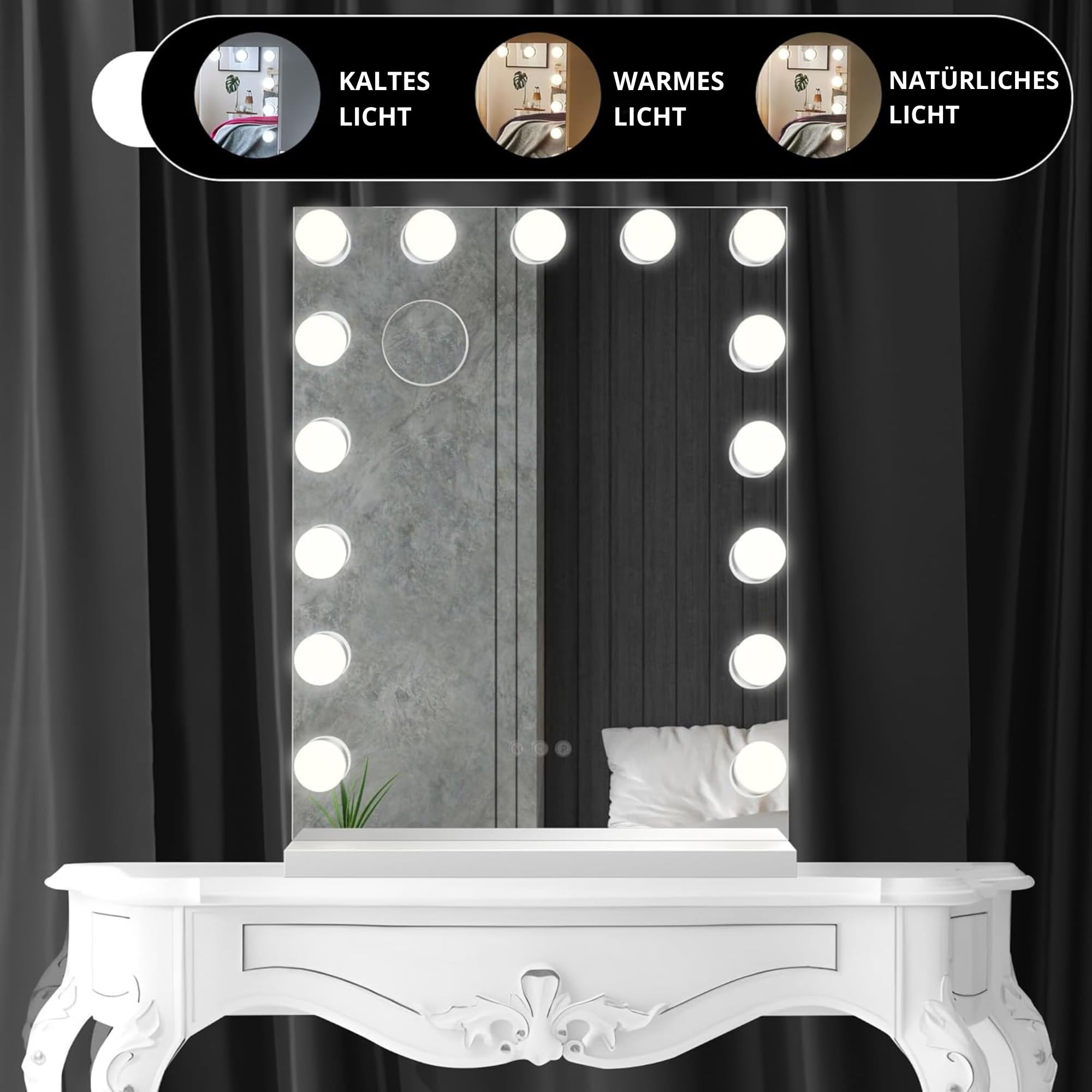 Bayt Hollywood Schminktischspiegel, Kosmetikspiegel, Vanity Table, LED Beleuchtung, 15 Dimmbare lampen, 3 Lichtmodi, Touchscreen, 10x Vergrößerungsspiegel, 60 x 43 cm, Weiß