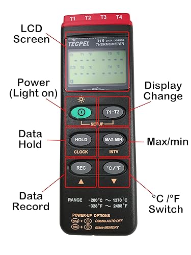 Miniatura 2 de TECPEL DTM-319 Termómetro de registrador de datos de termopar tipo K de cuatro canales fabricado en Taiwán (TPK-01 4 piezas incluidas)