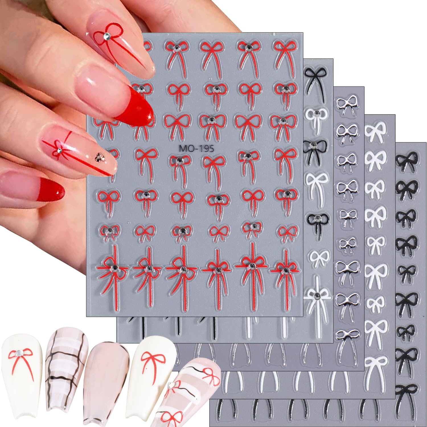 Tyuimhx 5 Sheets Bow Nail Art Stickers Decals 5D Embossed Self-Adhesive Bow Nail Stickers with Rhinestones Designs Silver Red White Black Nail Decals