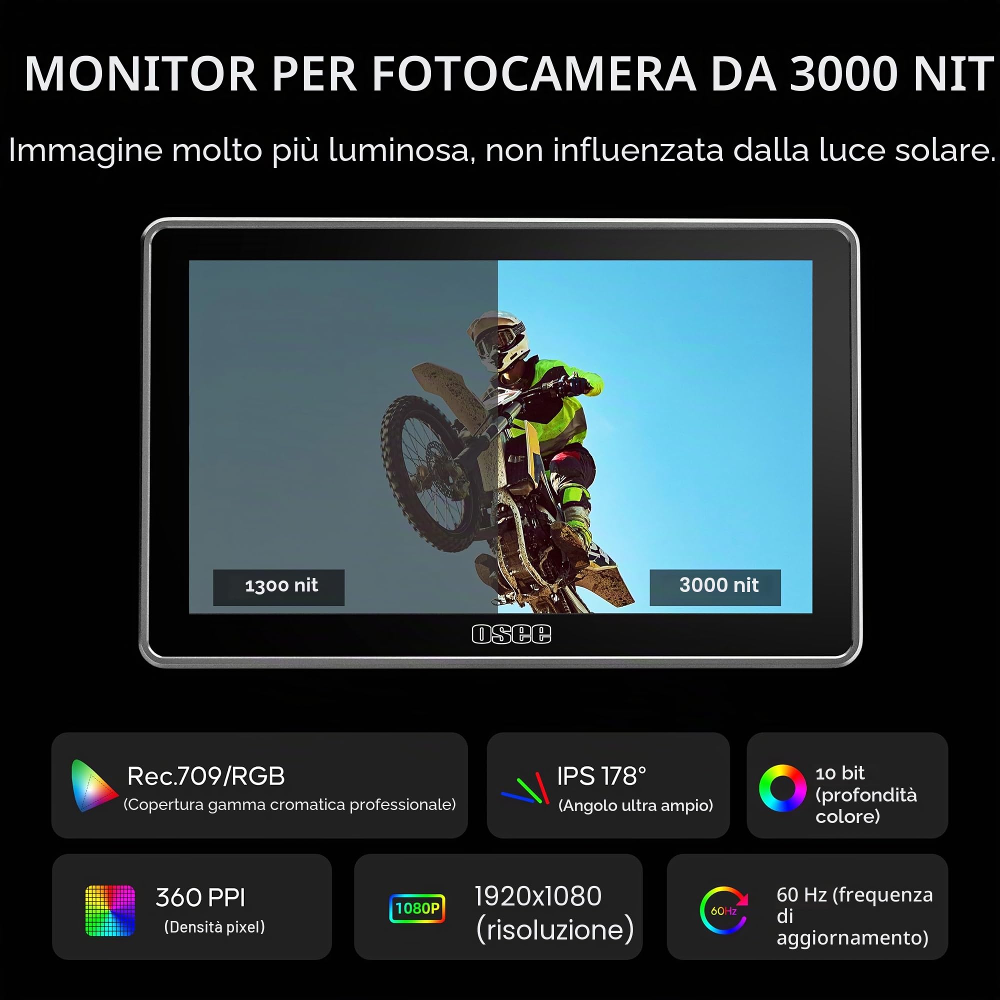 Osee G7 Pro Monitor Video per Fotocamera 7 Pollici 3000nits Touchscreen Monitor di Campo con Controllo Telecamera, Ingresso/Uscita HDMI 3G-SDI, LUT 3D, Touch to Focus DSLR Monitor