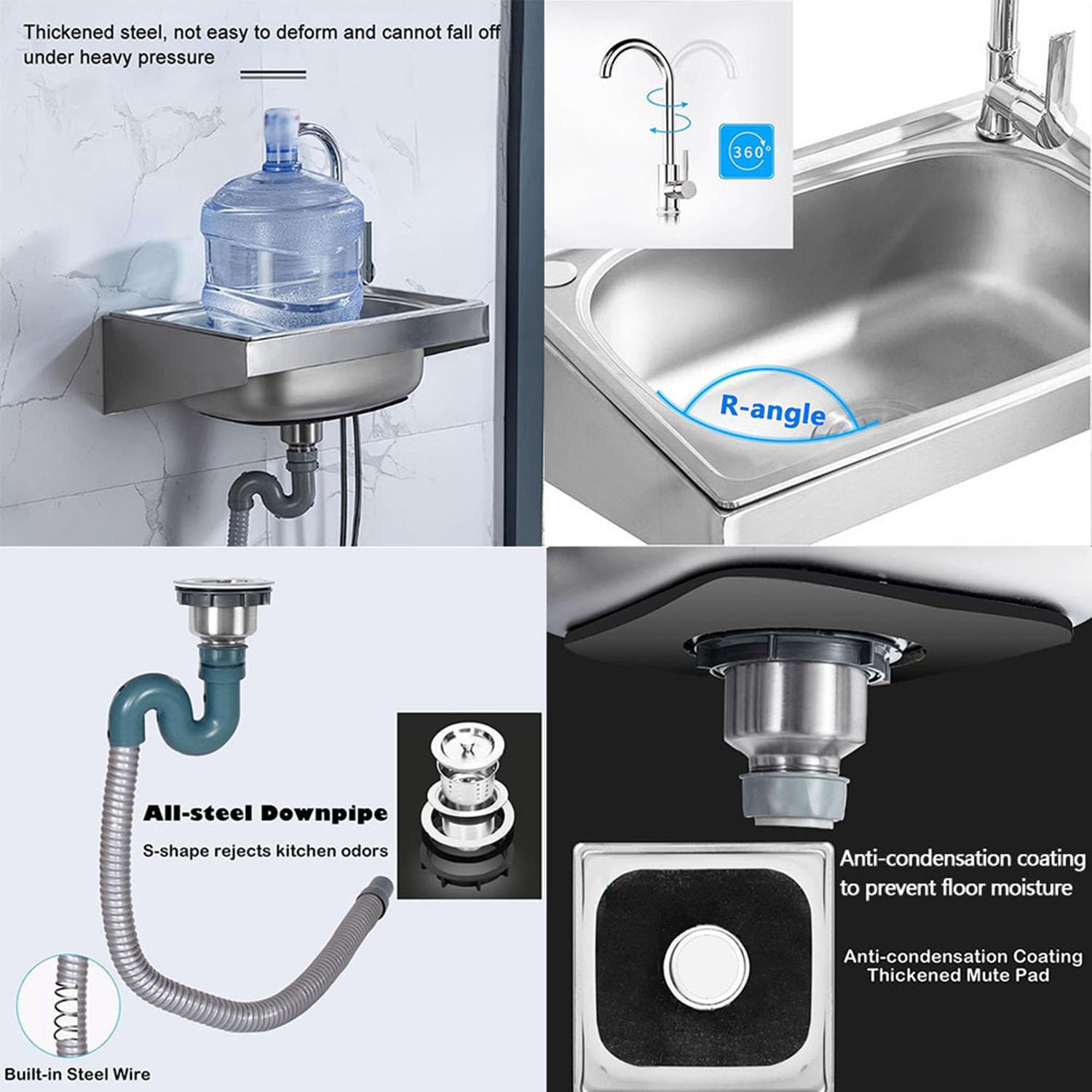 Lavabo Mural en Acier Inoxydable avec Robinet pivotant et égouttoir pour Cuisine, Bar, Garage.