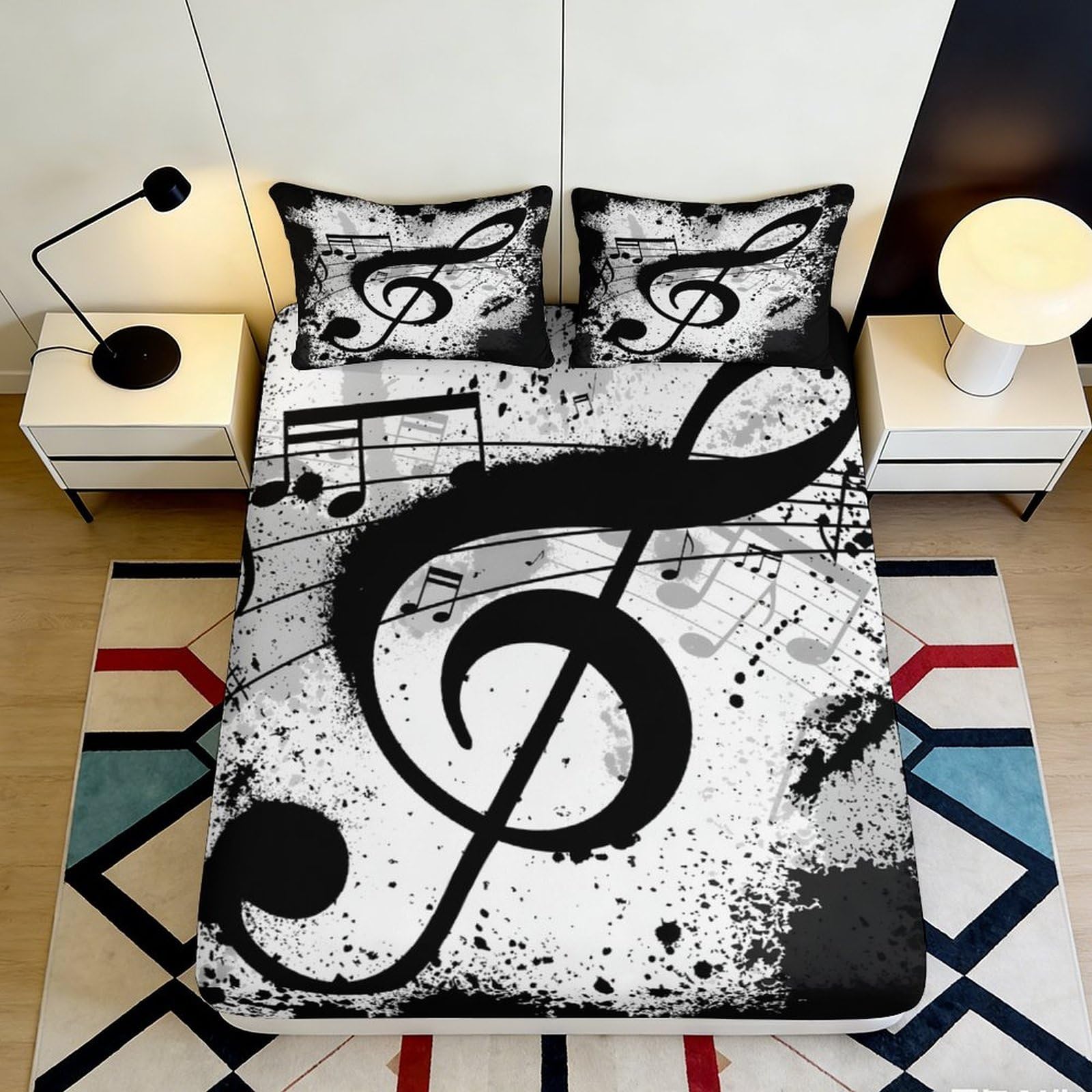 3D Printed Musical Notes Fitted Sheet Microfiber Soft Breathable Treble Clef Bed Cover for Bedroom Dormitory Guest Room Mattress Protection 200x200x25cm