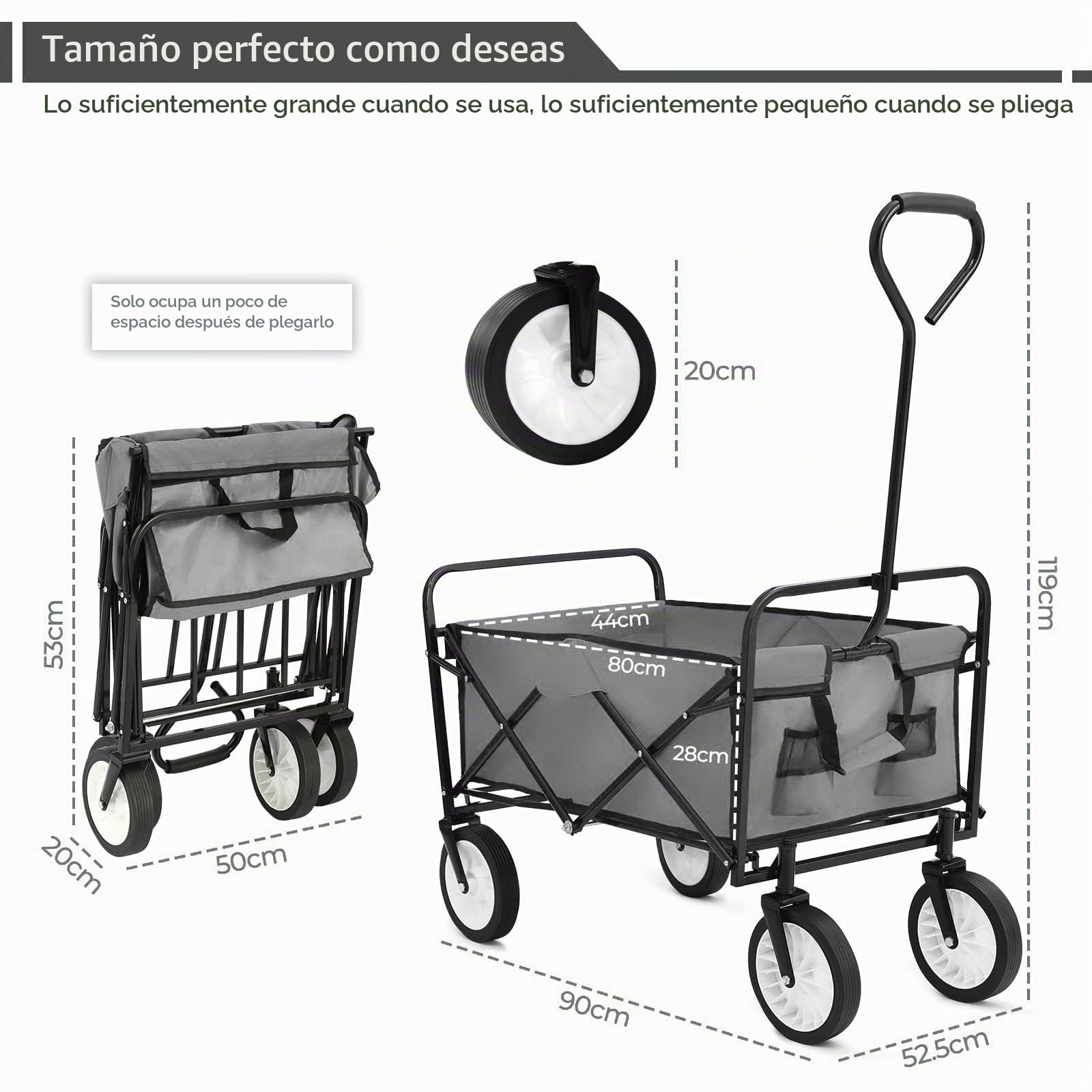 Carro Plegable para Jardín y Playa Todo Terreno | Carrito de Transporte de Gran Capacidad 98L (Carga Máxima 80 kg) | Vagoneta para Camping, Compra y Exterior con Bolsillos Laterales, Gris