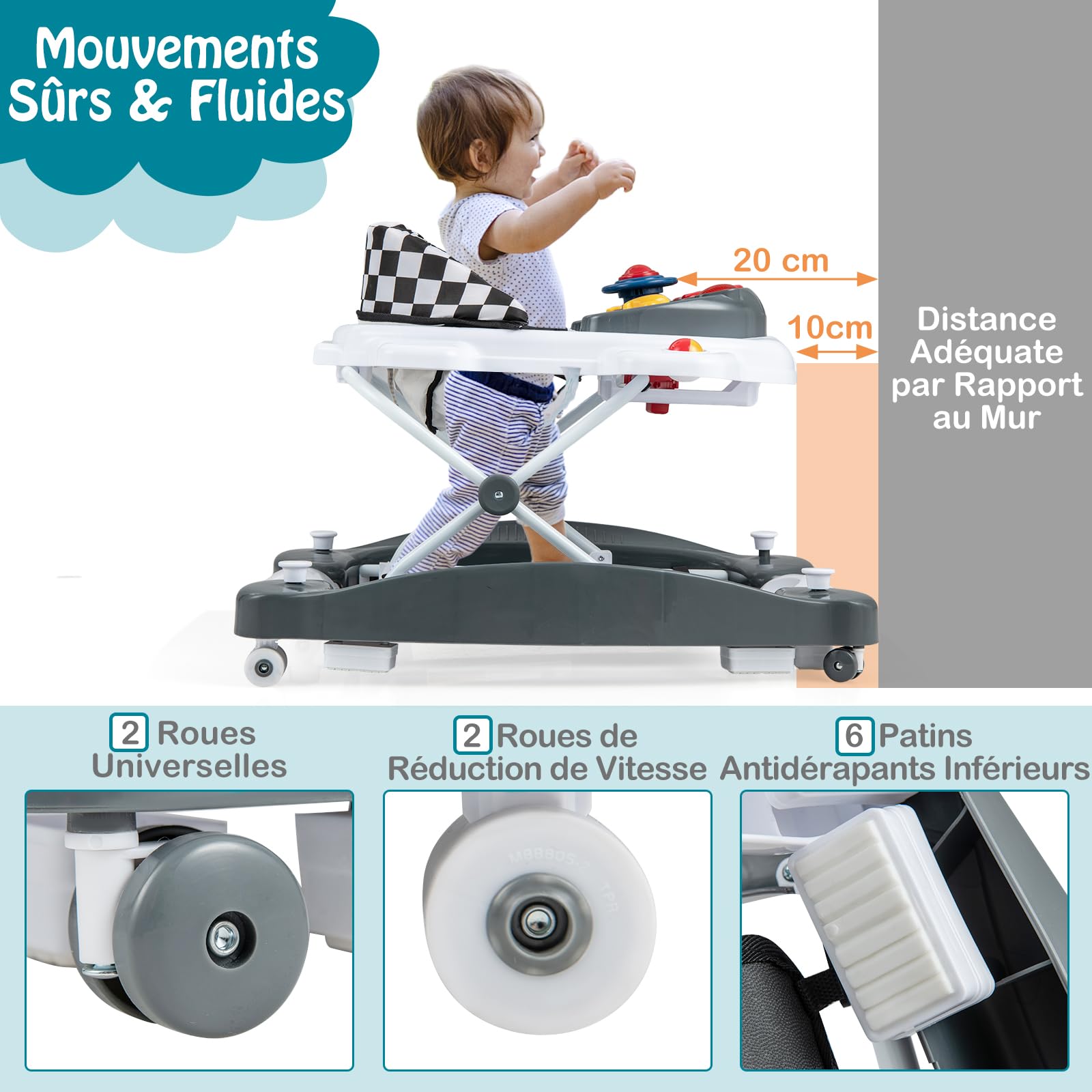 GOPLUS Trotteur Bébé Garçon Fille Evolutif 6 en 1, Trotteur Marche Bebe Pliable avec 3 Hauteur Réglable, Lumières, Musique, Plateau d’Activités Amovible, Charge 12KG, pour 6+ Mois (Gris)