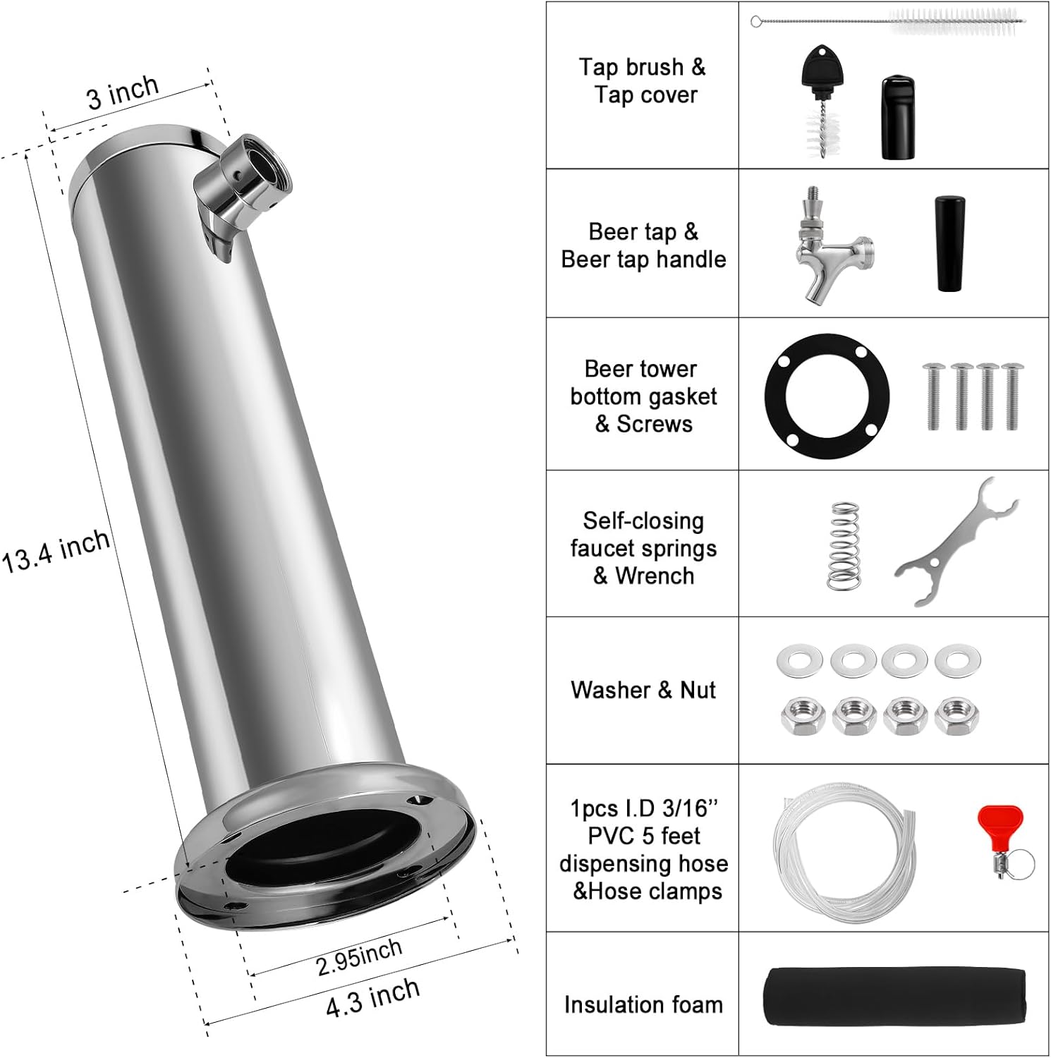 Self-closing Single Tap Draft Beer Tower with Beer Drip Tray Mat, Stainless Polished 3” Flange Kegerator Beer Tap Tower with Pre-Assembled Tubing & Non-slip 4.5” Cutout Soft PVC Bar Drip Tray