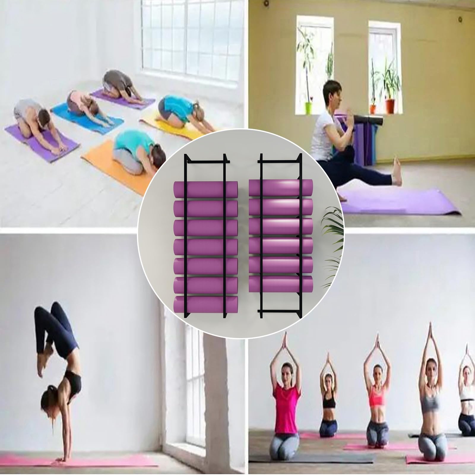 Soporte para Esterilla de Yoga, Resistente Soporte de Pared Negro para Esterilla de Yoga, Estante de Almacenamiento de 7 Niveles para Rodillos de Espuma y esterillas de Ejercicio, Ideal para