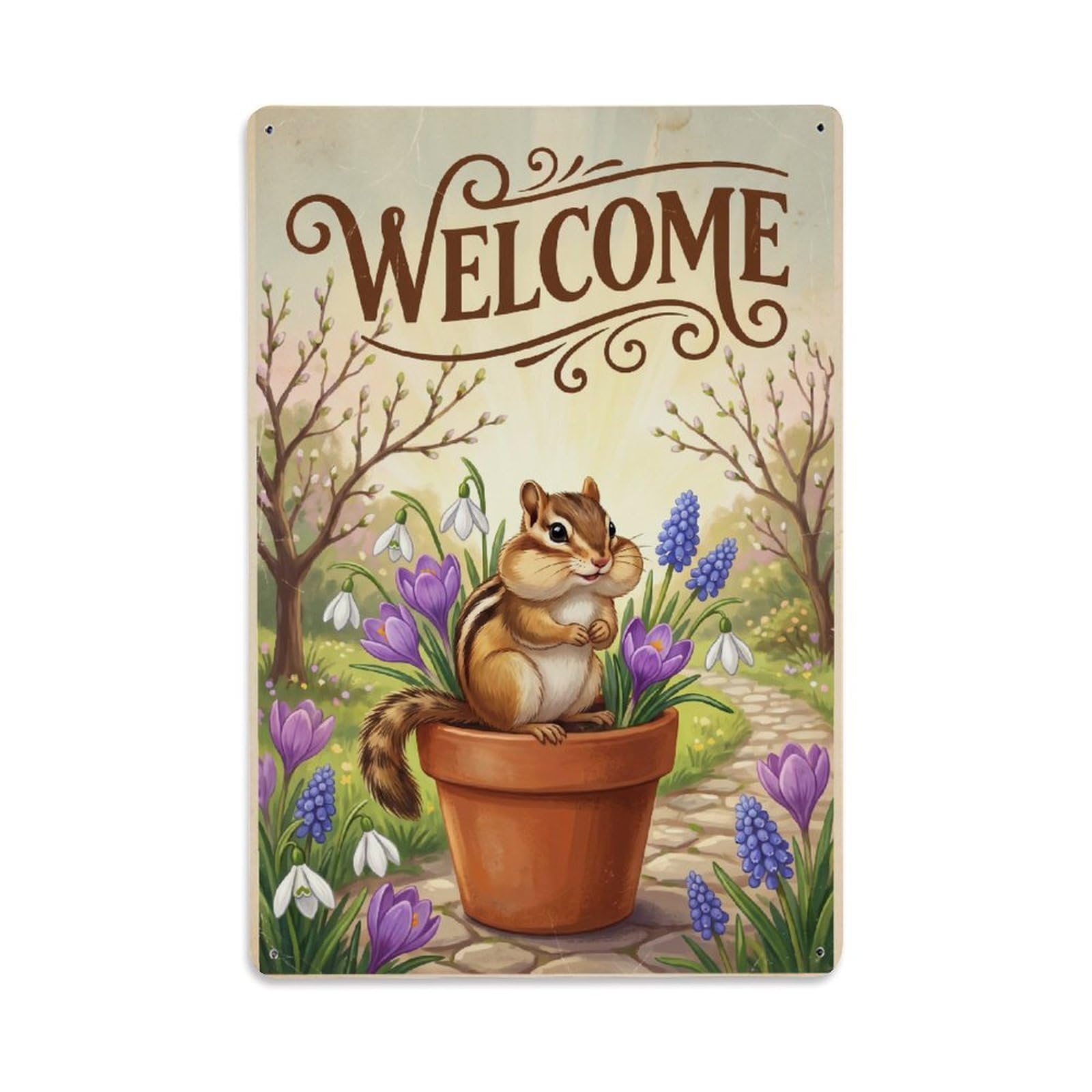 Cxhjca 8X12inch(20X30cm) Vintage Welcome Chipmunk Spring Garden Metal Tin Sign