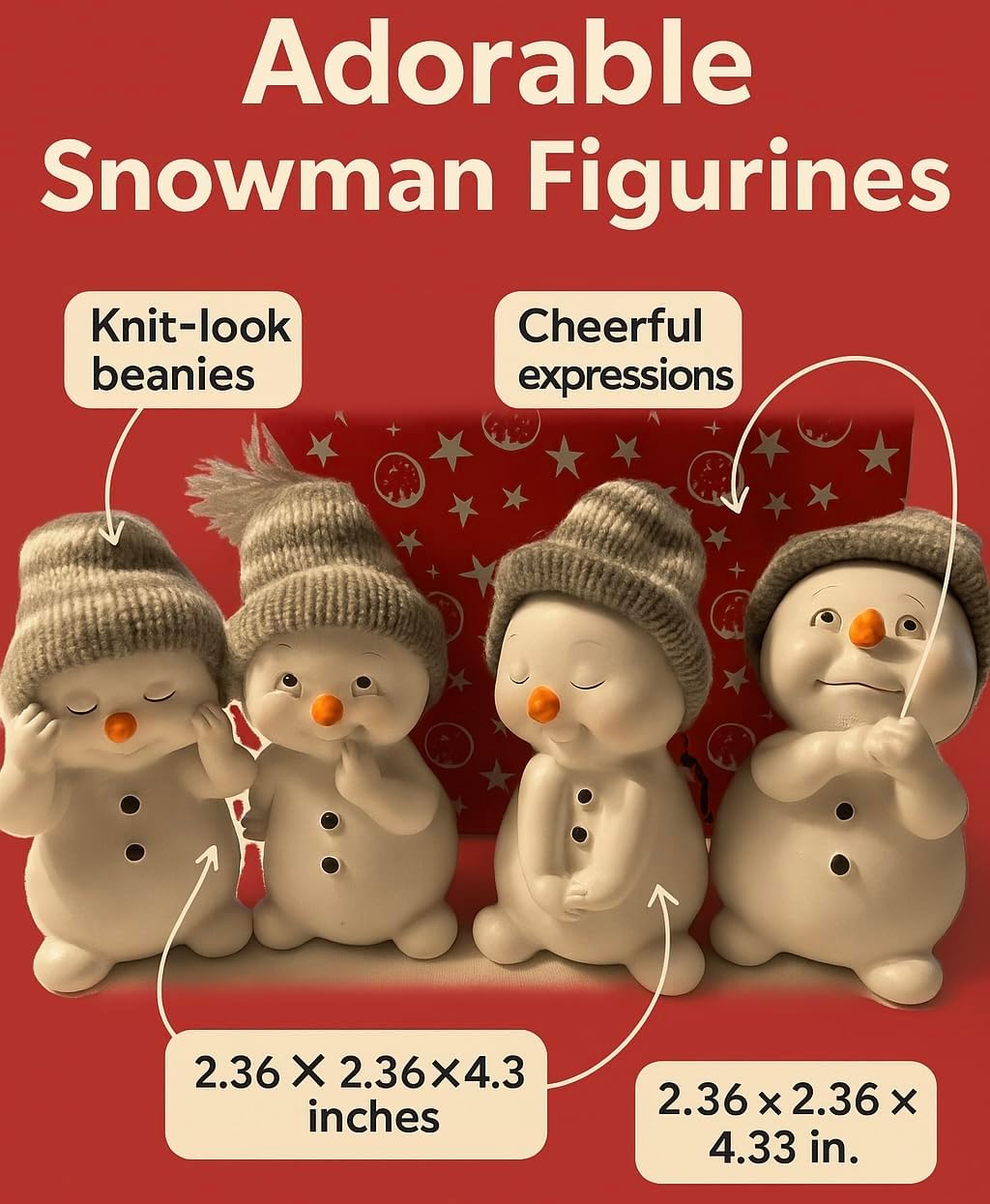 Snowman Figurines Set of 4 in Gift Box – Handcrafted Christmas Decoration Set with Knit Hats – Charming Winter Figurines for Festive Tabletop & Mantel Display