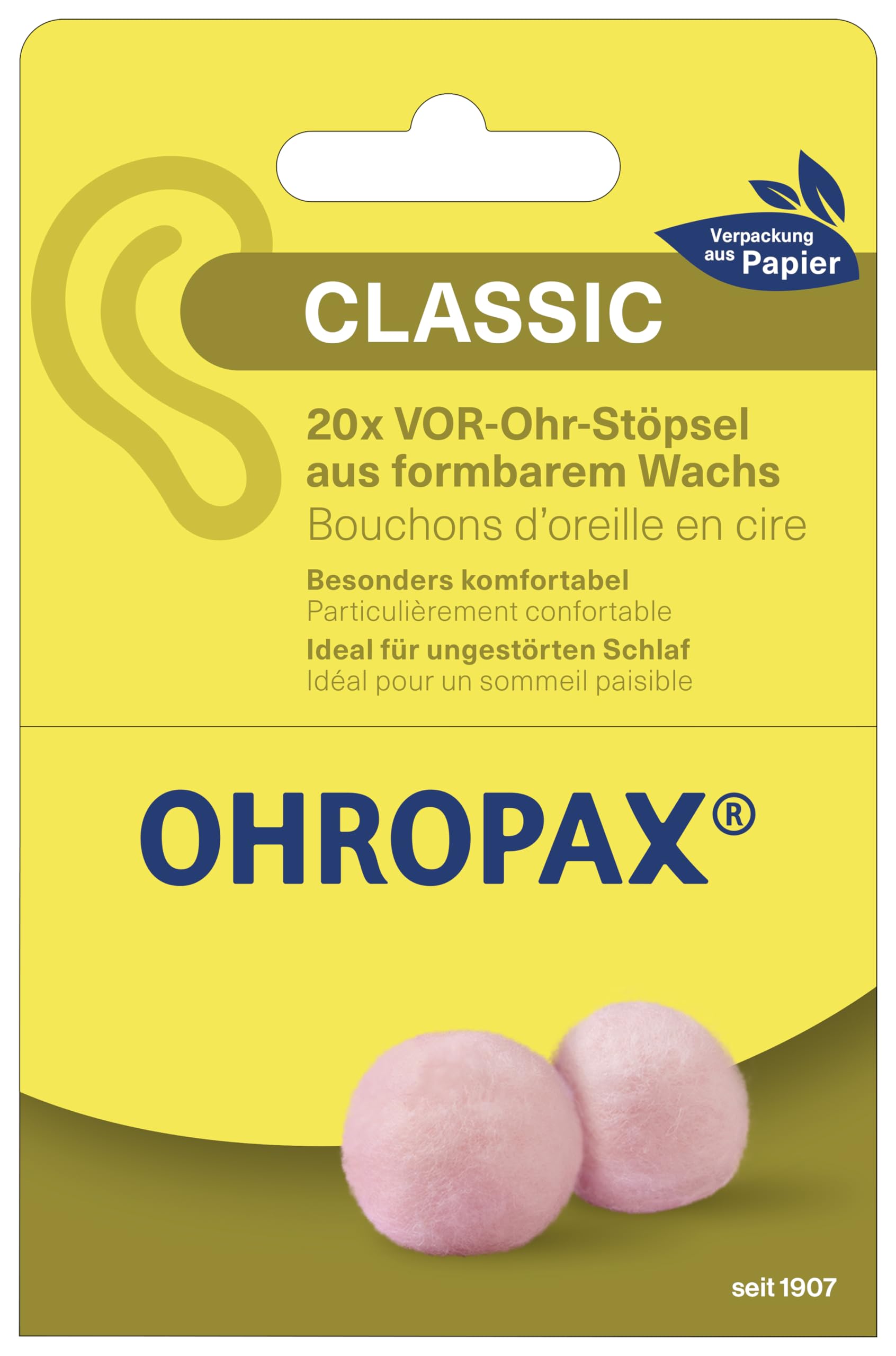 OHROPAX Tappi per le orecchie Classic – Tappi per le orecchie per la protezione da rumore, umidità e vento, realizzati in cera modellabile, comodi e adatti a tutte le orecchie, valore di isolamento