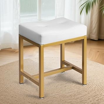 Saddle Seat Vanity Stool, Makeup Stool Chair with Metal Leg, U-Shaped PU Leather Ottoman Foot Rest, Small Square Chairs Under Desk for Vanity, Living Room, Modern Makeup Bench White&Gold