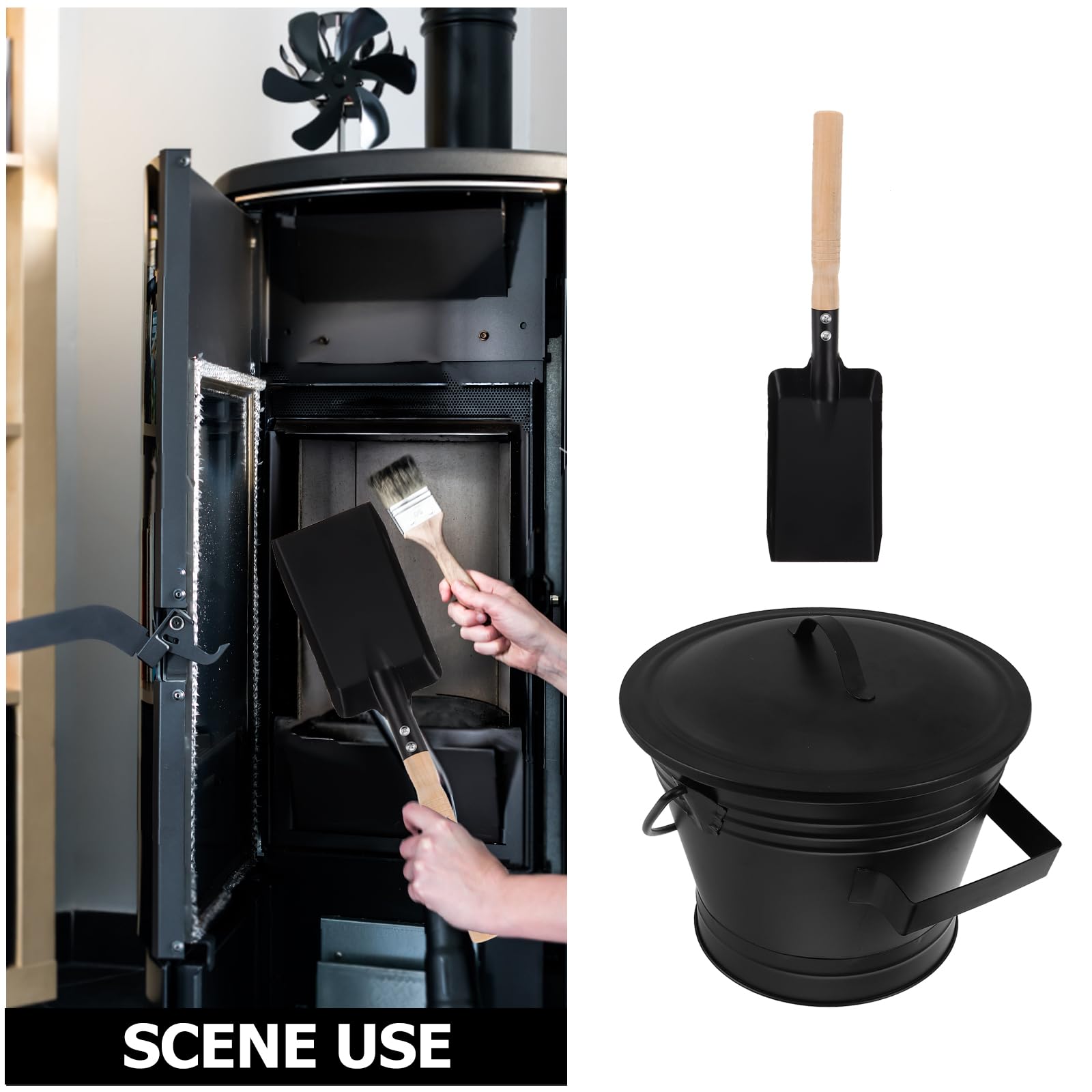 Set Secchio e Pala per Cenere in Metallo Resistente con Manico Antiscottatura, Contenitore per Cenere Calda con Coperchio, Kit Attrezzi per Pulizia Caminetto Interno ed Esterno