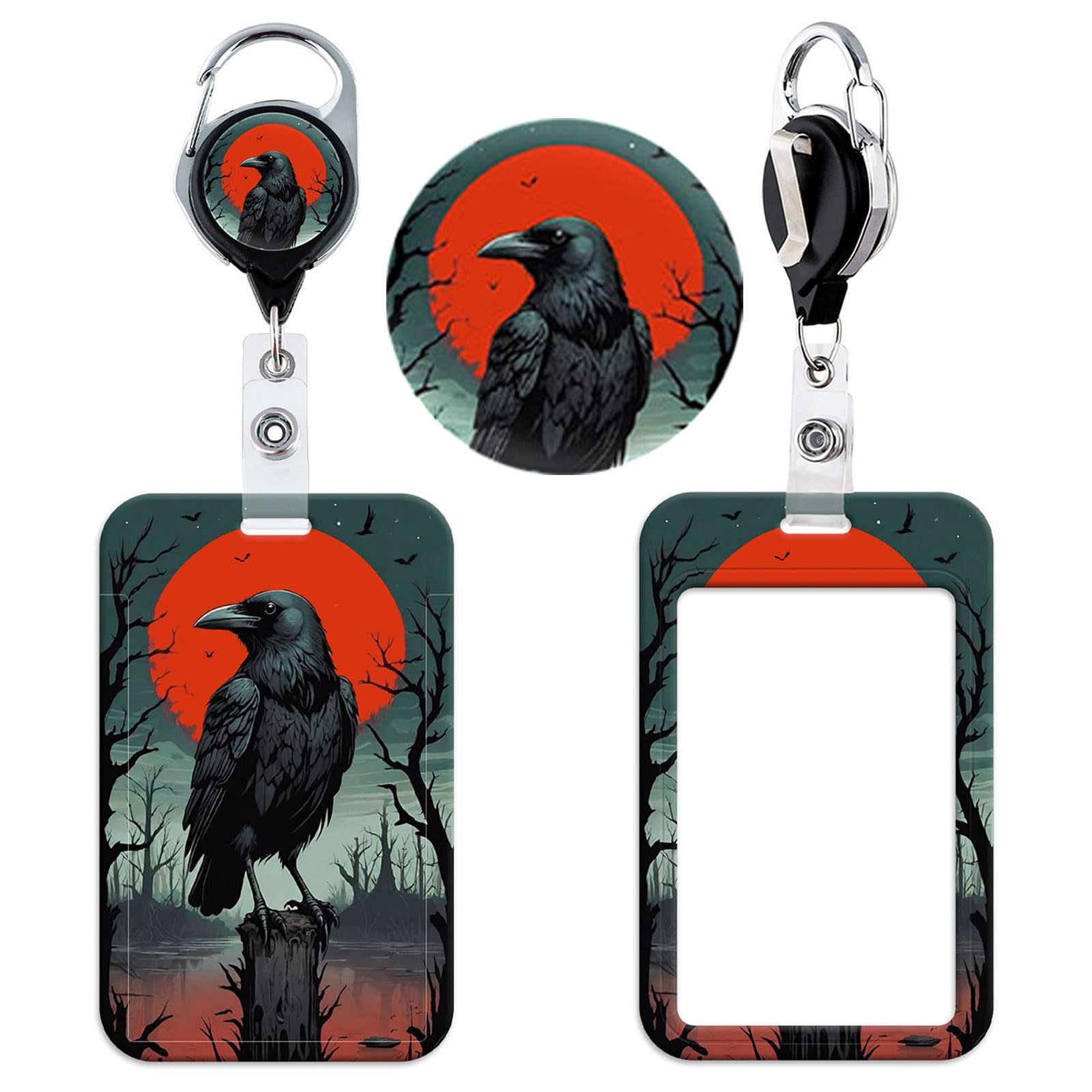 BKBKAAK Cool Badge Holder with Heavy Duty Retractable Clip, Plastic Vertical ID Card Holder with Reel Clip, Crow ID Badge Holder for Kids, Boys, Men