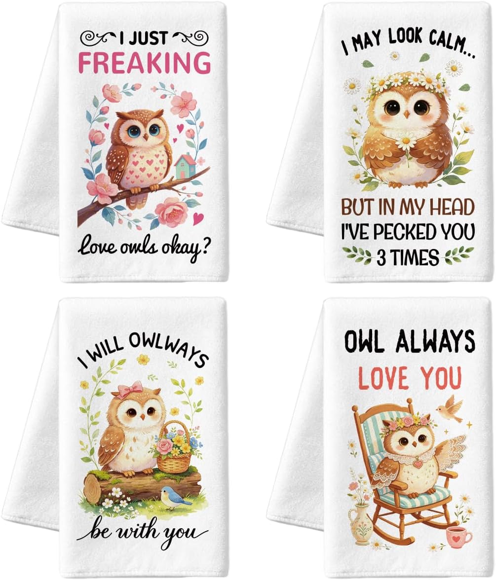 MAYJOYDIY 4 Pcs Owl Bird Kitchen Towels Flower Humorous Word Dish Cloth | 23.6x15.7In, Floral Wreath Drying Dish Cloth, Small Birdhouse Towel Set, for Cooking Bathroom Kitchen Decor Housewarming Gift