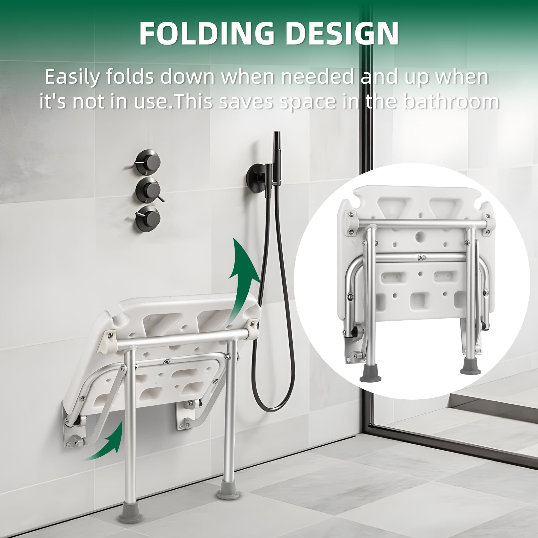 Banco de Ducha Plegable de Pared, Asiento de baño Plegable, Silla de baño atornillable, Taburete con Patas, Orificios de Drenaje y Ranura for Cabezal de Ducha, Blanco, 40 x 38 x 42 cm