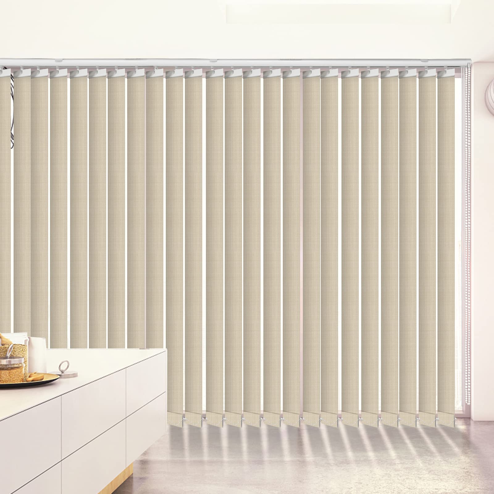 LETAU 100% Blackout Fabric Vertical Window Shades, 3.5inch Slat Fabric Thermal Insulated Energy Saving UV Protection Decoration Vertical Window Blinds, Beige Yellow