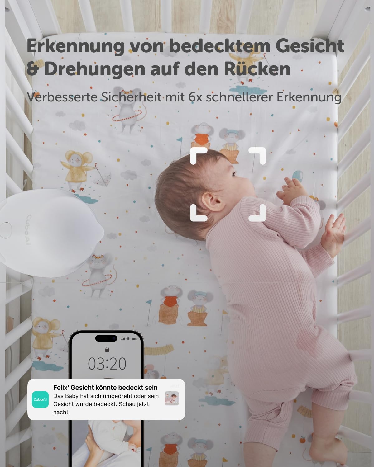 CüboAi CuboAi Smart Baby Monitor 3, KI-Sicherheitswarnungen bei Bauchlage & bedecktem Gesicht, 2,5K QHD WLAN-Babykamera mit Nachtsicht & App, inkl. Bodenständer