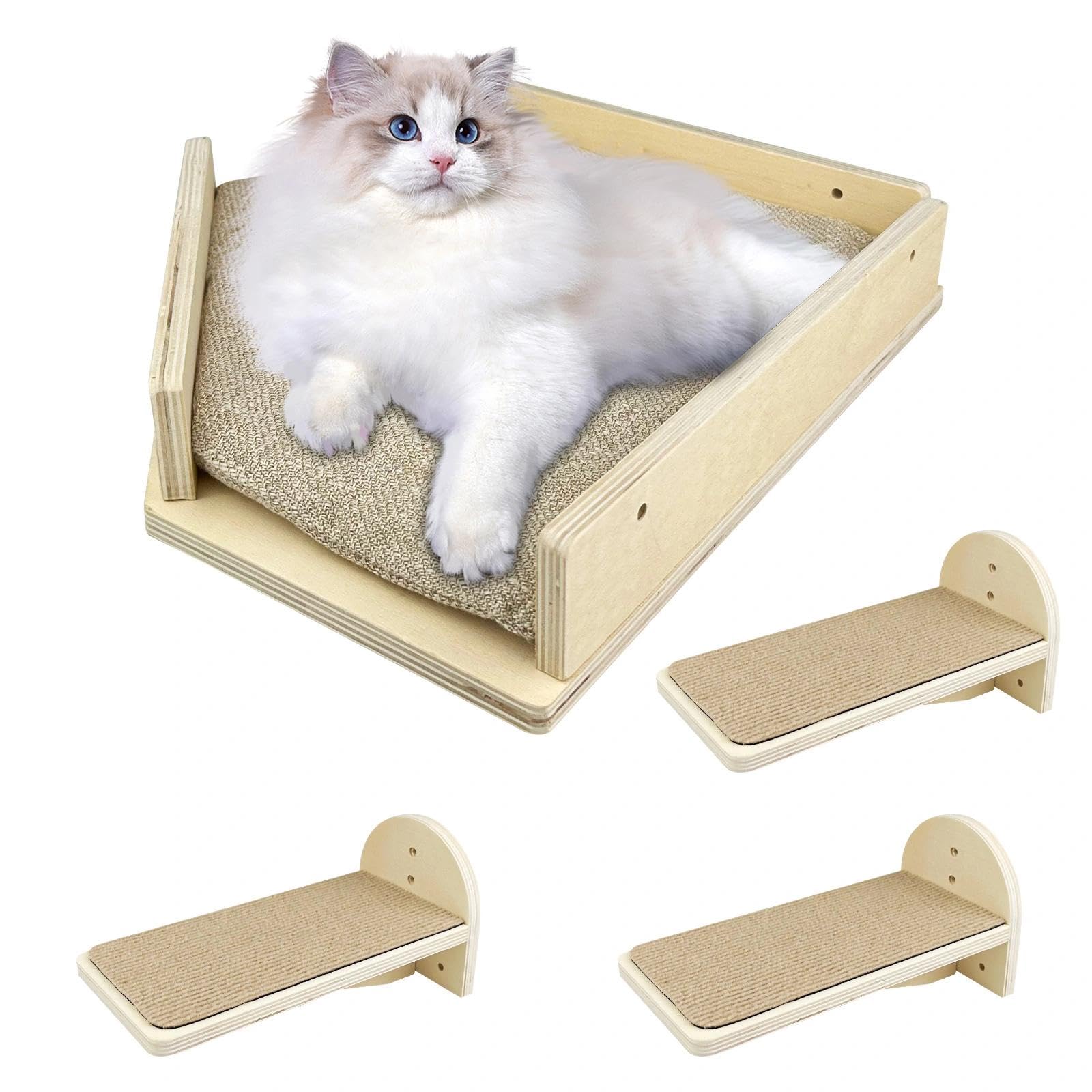 4er Set Kletterwand Katzen, Katzen Wandelemente,Katzentreppe Wand | Katzenbretter für Die Wand, Katzenwandmöbel Set, Katzenleiter Wand für Katze Klettern Spielen Faulenzen(Massivholz)