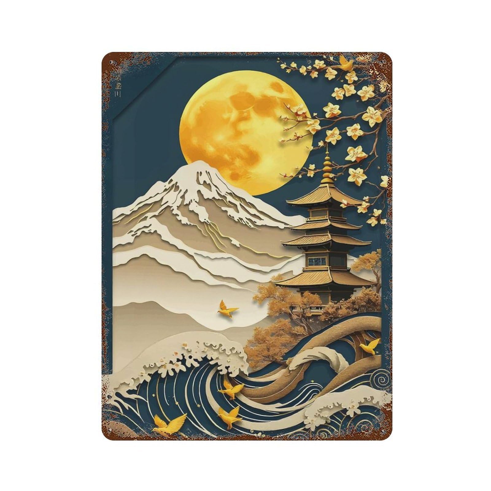 Abstract Japanese Landscap Distressed Metal Wall Sign 15.7"x11.8", Ideal for Garage, Bar And Workshop Decor