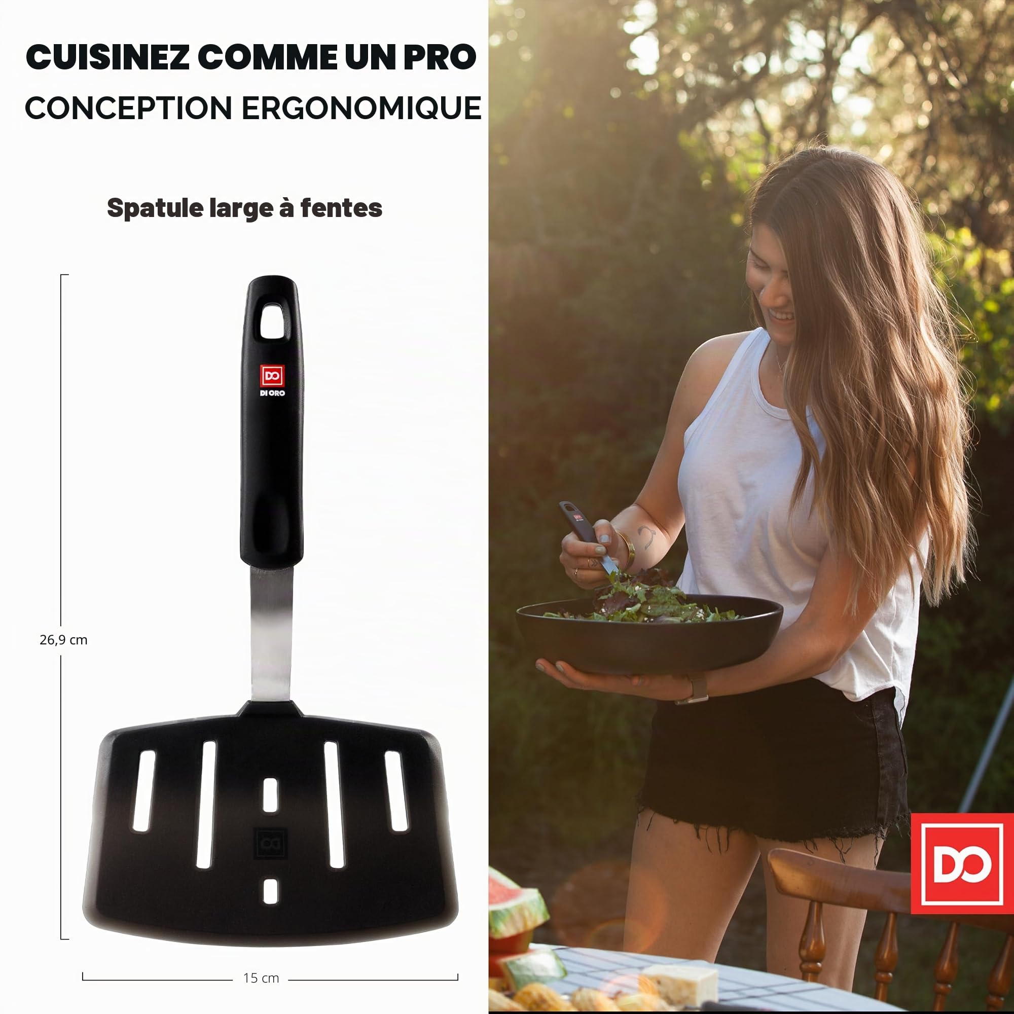 DI ORO® - Spatule de cuisine en silicone et acier inoxydable - Résistante à la chaleur à 315 °C - Meilleure spatule ajourée - Parfaite pour des oeufs et des crêpes