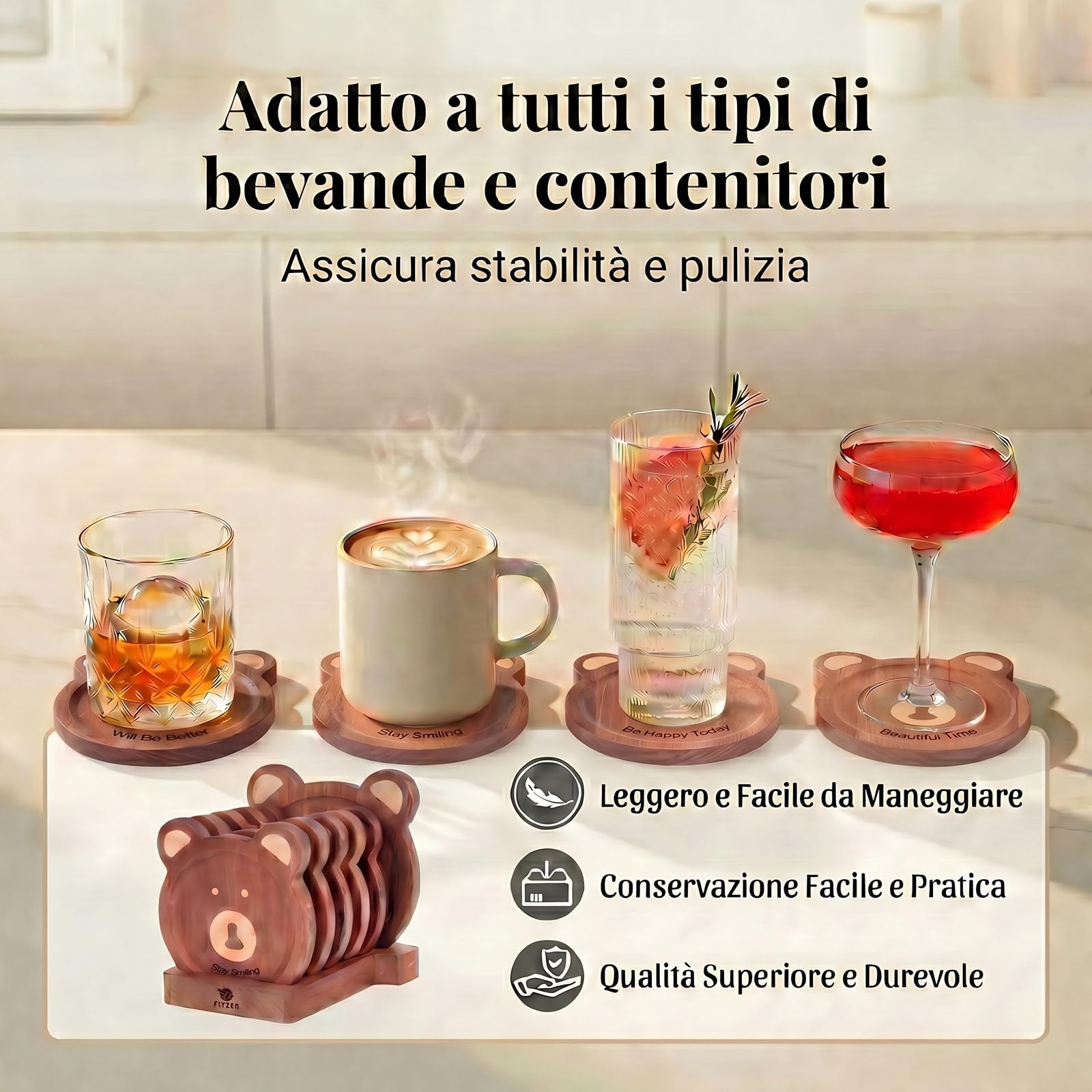 Set 6 sottobicchieri legno rotondi orso incastonato mano 11,5x9,5x1 cm marrone scuro