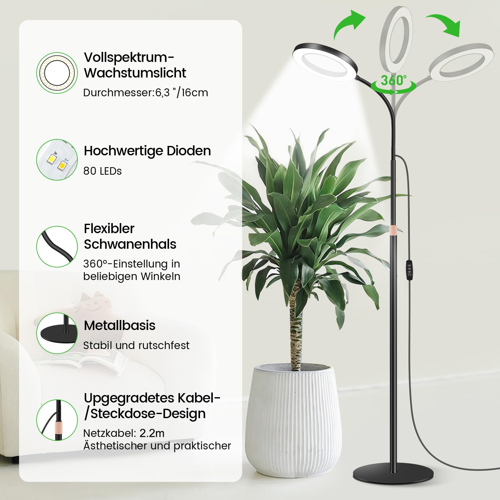 Dhapy Pflanzenlampe LED Vollspektrum, Grow Lampe für Zimmerpflanzen, Grow Light mit Standfuß, 80 LEDs 3 Lichter Modi und 5 Helligkeit, Pflanzenlampe mit Timer 6/12/16H, 58cm~170cm Höhenverstellbar