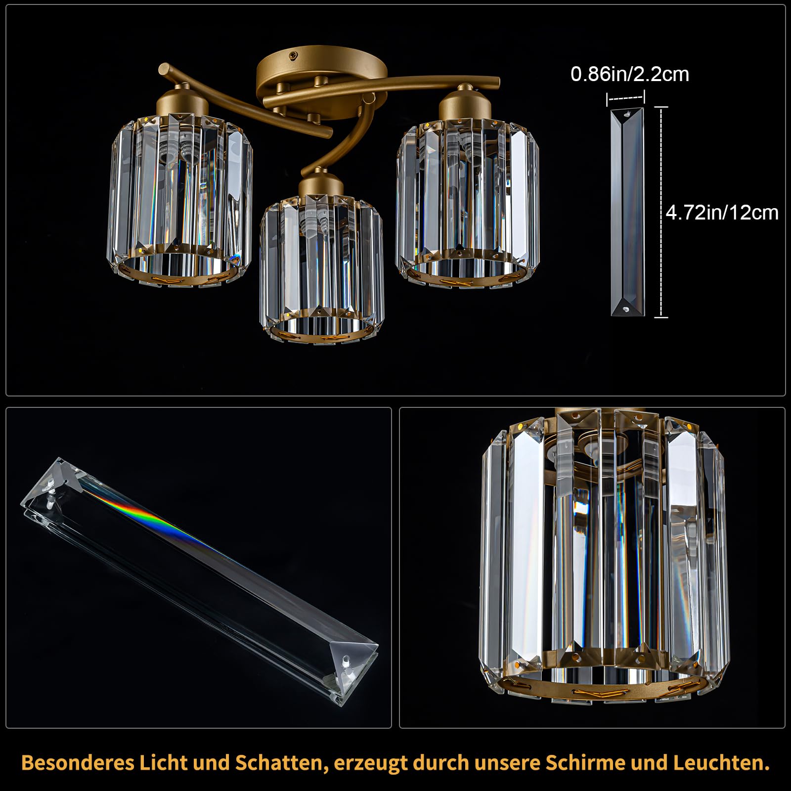 Deckenleuchte Kristall, 3 FlammigDeckenlampe mit Glas Lampenschirm, Gold