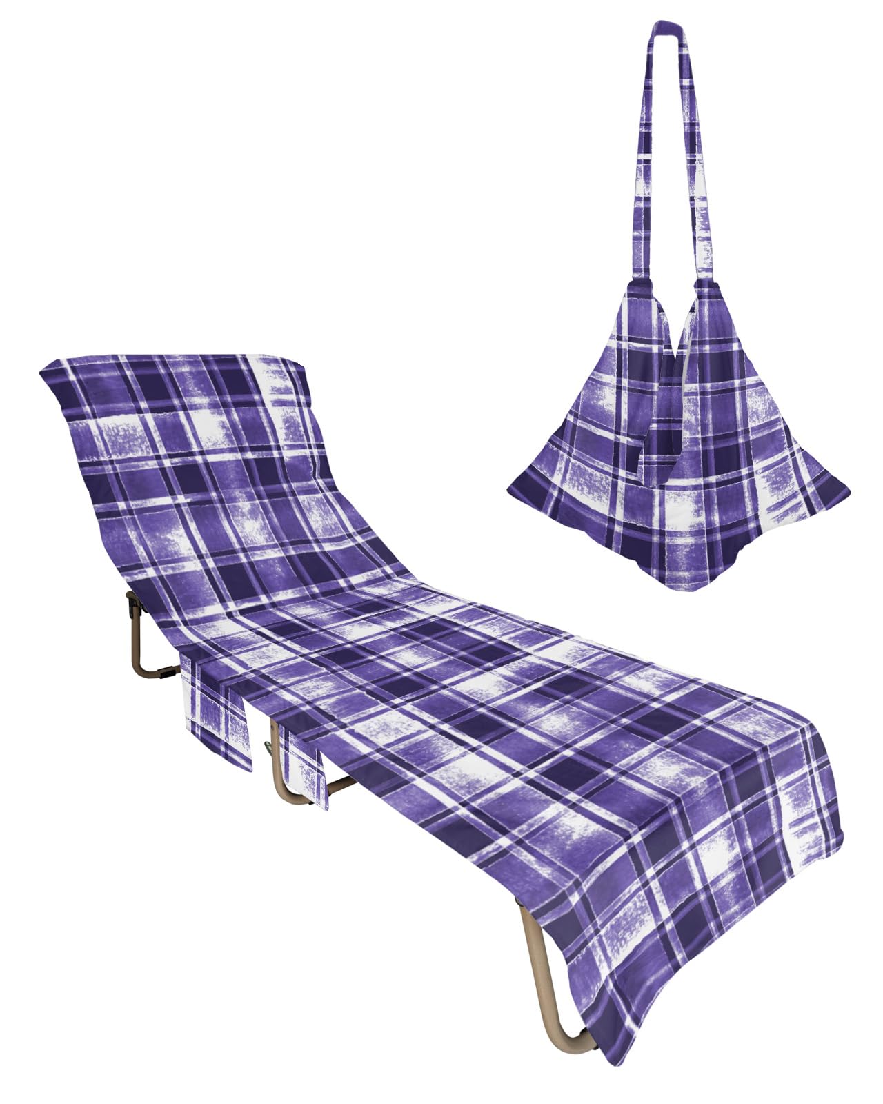 Purple Checkered Beach Lounge Chair Towel Cover, Soft Chaise Lounge Towel with Side Pockets Patio Pool Chairs Cover for Beach/Pool Sunbathing 29x85 Vintage Watercolor Purple Plaid