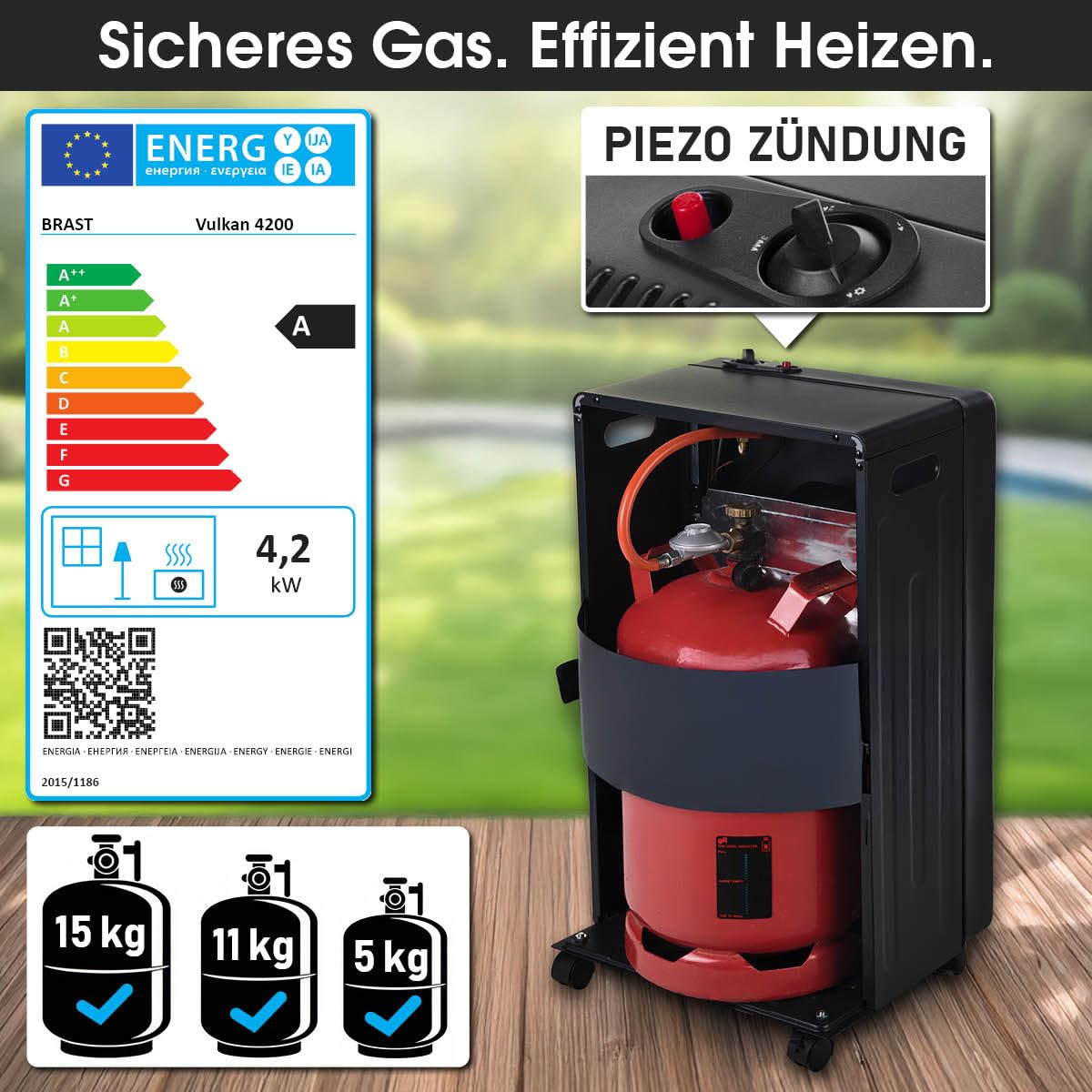BRAST Gasheizer Keramik Vulkan 4200W | 3 Heizstufen | inkl. Schutzhülle Druckminderer mit Schlauch & Füllstandsanzeige | klappbar & mobil | für Gasflaschen bis 15kg | Gasheizung Heizstrahler Heizgerät