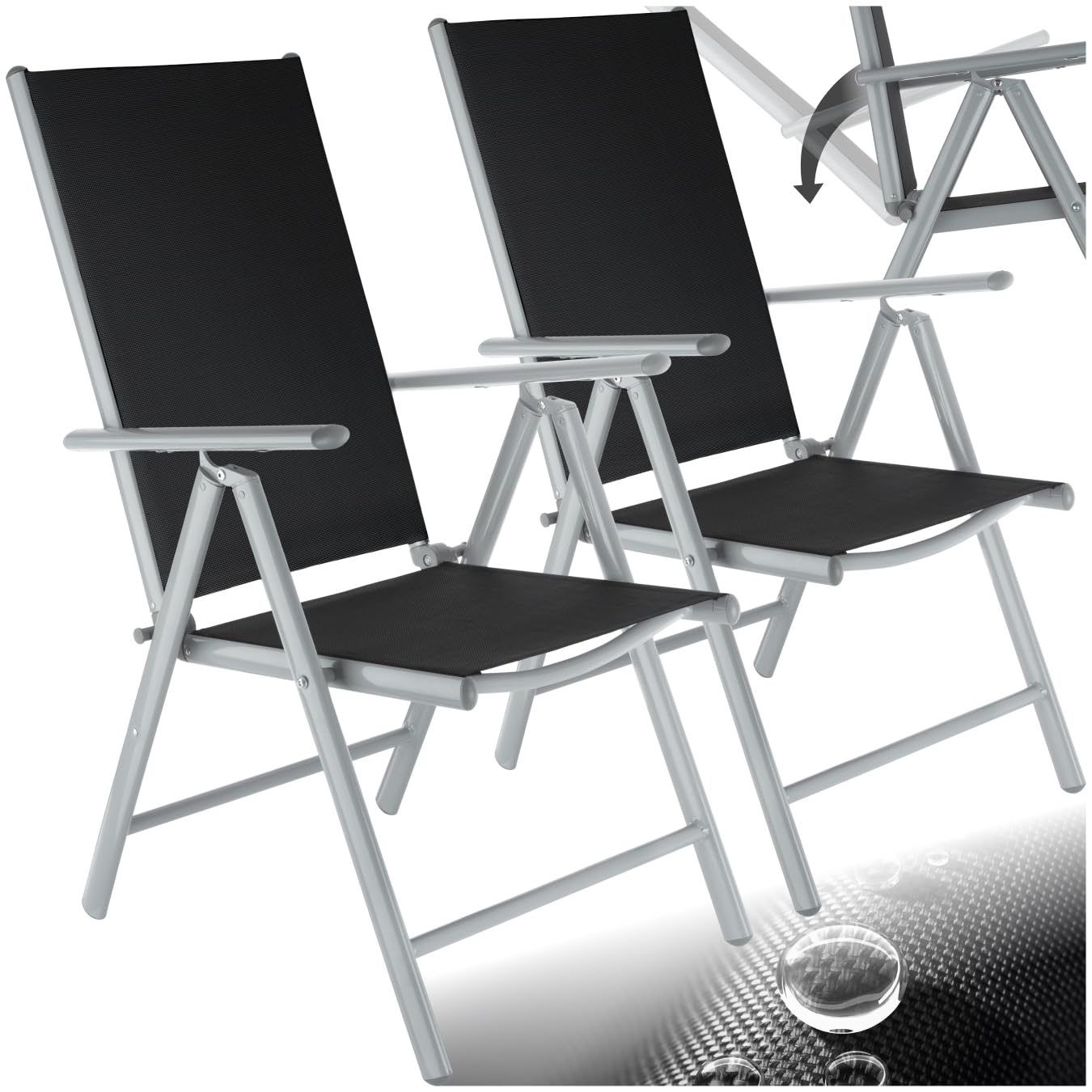TecTake® Folding Aluminium Chairs, Set of 2 Reclining & Foldable Garden Seats, High Backrest with 7 Reclining Settings, Easy to Clean, Weather-Resistant, No Assembly Required - Light Grey