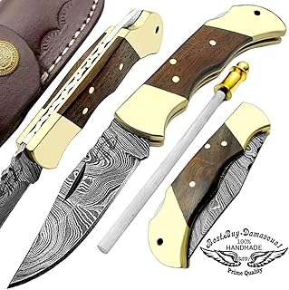 Best.Buy.Damascus1 Buffalo Horn 6.5'' Custom Handmade Stainless Steel Brass Bolster Folding Pocket Knife Plus Sharpening Rod With Back Lock Prime Quality - Best.Buy.Damascus1