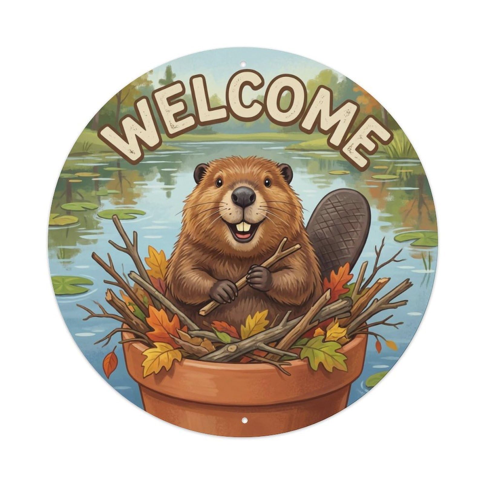 Okahys 8X8inch(20X20cm) Welcome Beaver Dam Lodge Metal Tin Sign