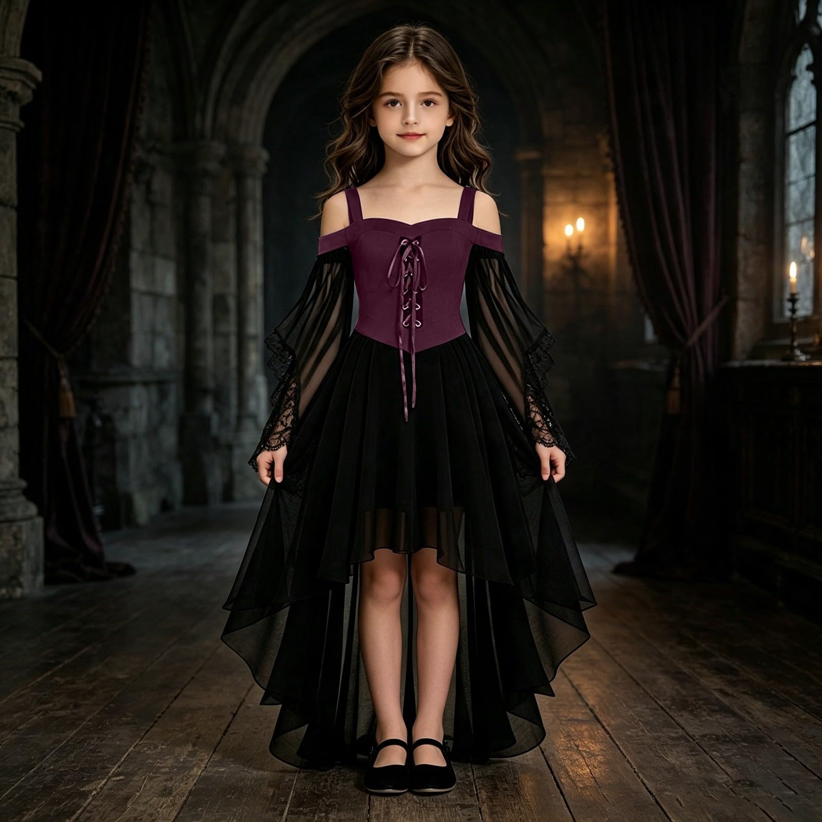 Vokuhila - Vestito medievale per Halloween, per bambine, gotico, cosplay | Vestito da principessa per bambini, a maniche lunghe, con spalle scoperte, in pizzo, stile vittoriano, vampiro, carnevale