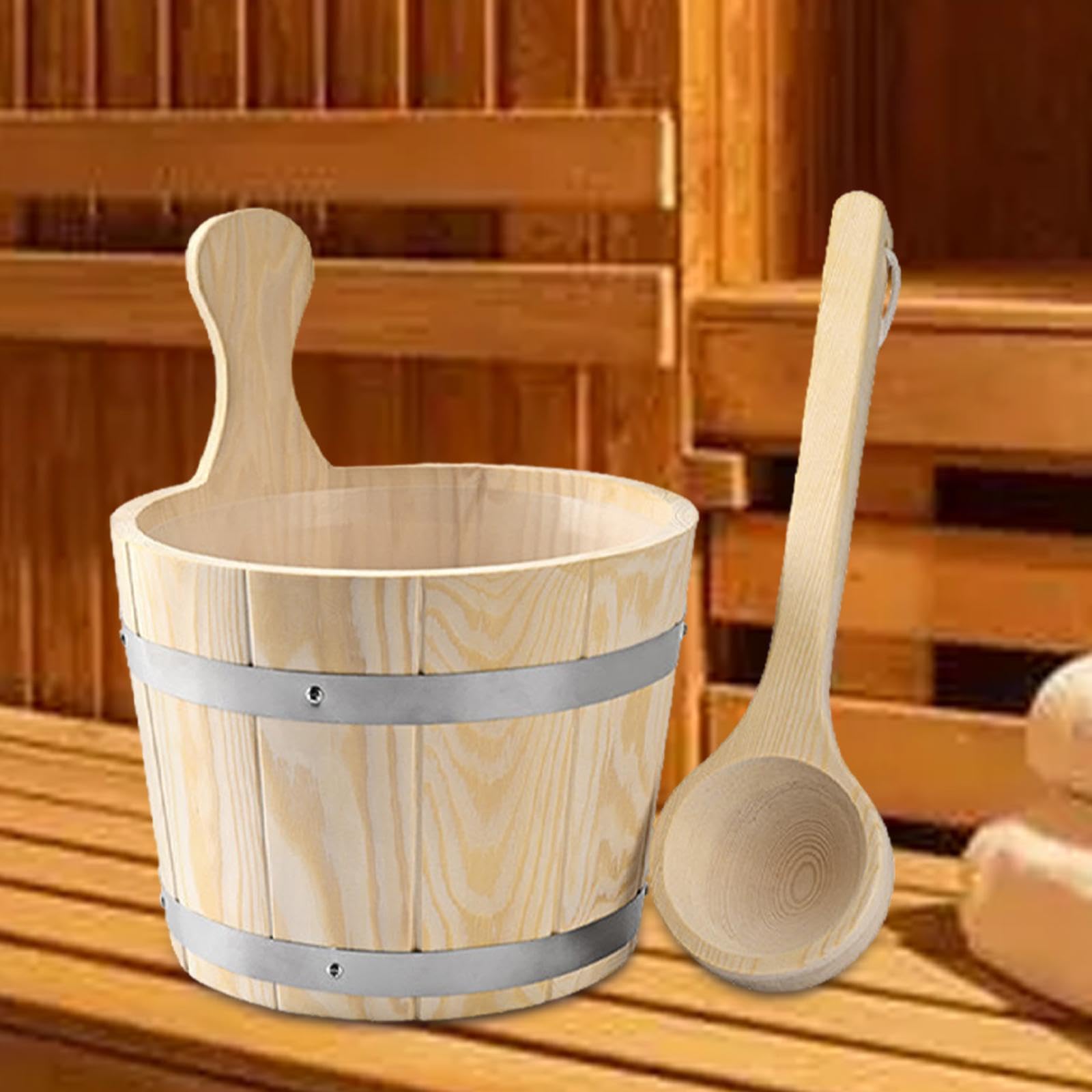Ensemble seau et louche pour sauna durable, fût en bois de 5 L, accessoires de salle de bain et de hammam, utilitaire portable et polyvalent, grande capacité.