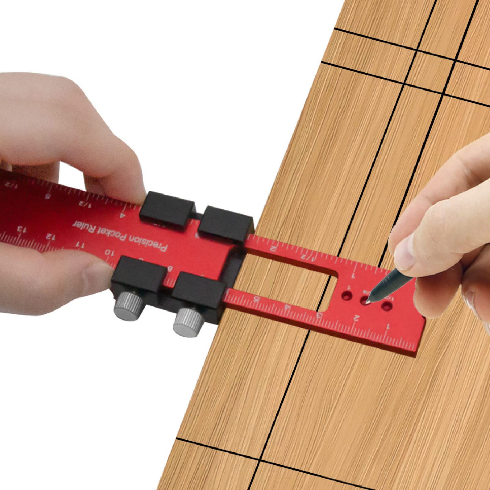 Holzbearbeitung, Positionierung, Messen, Anreißen, Lineal, roter Stopper, Zimmermannsmarkierung, 16, 20, 30 cm