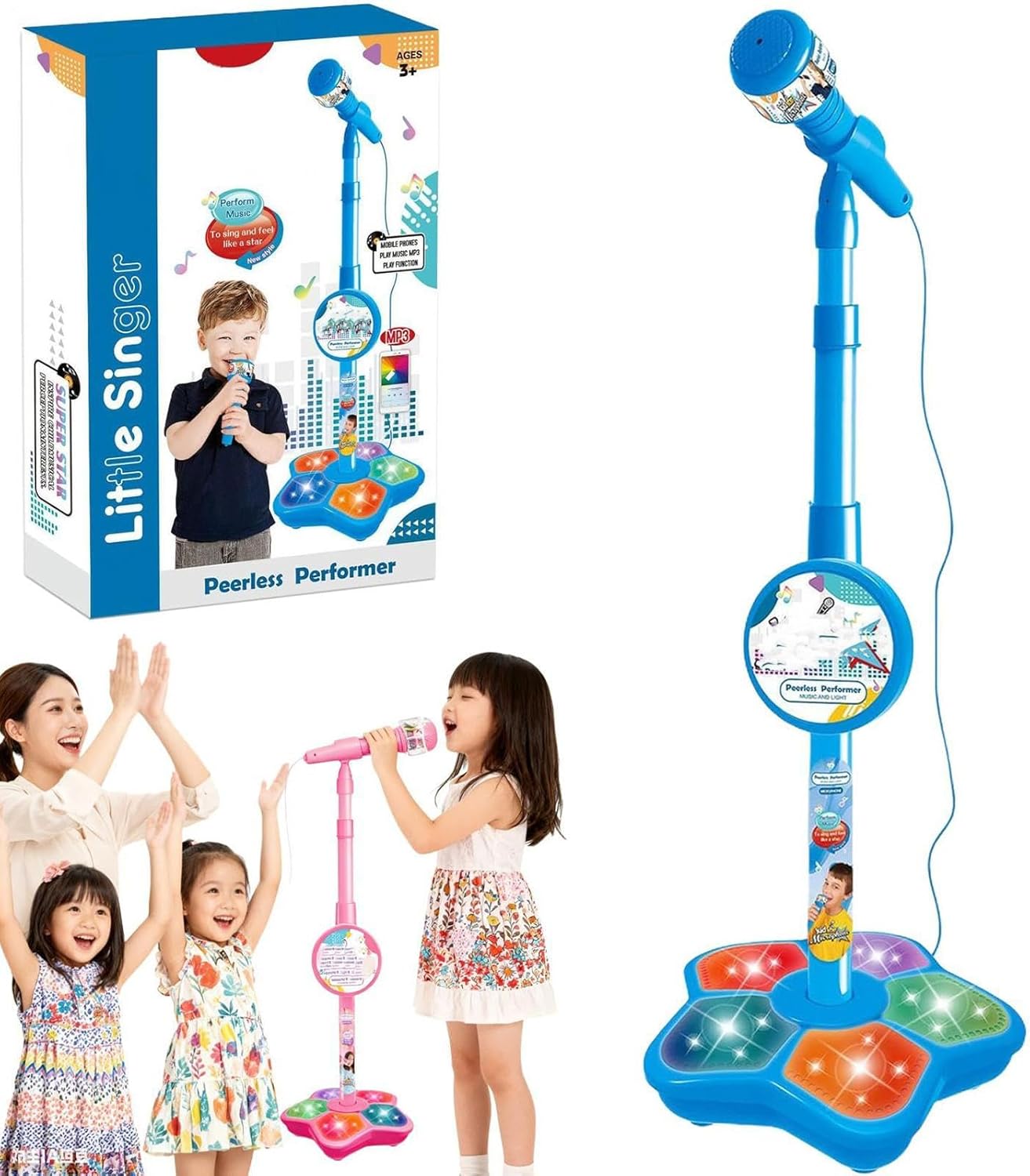 Kids Microphone - LED Stage Lights Portable Toy | with Stand, Microphone Toy | for Recording Singing Party Teen Streaming Studio Christmas Birthday Podcast