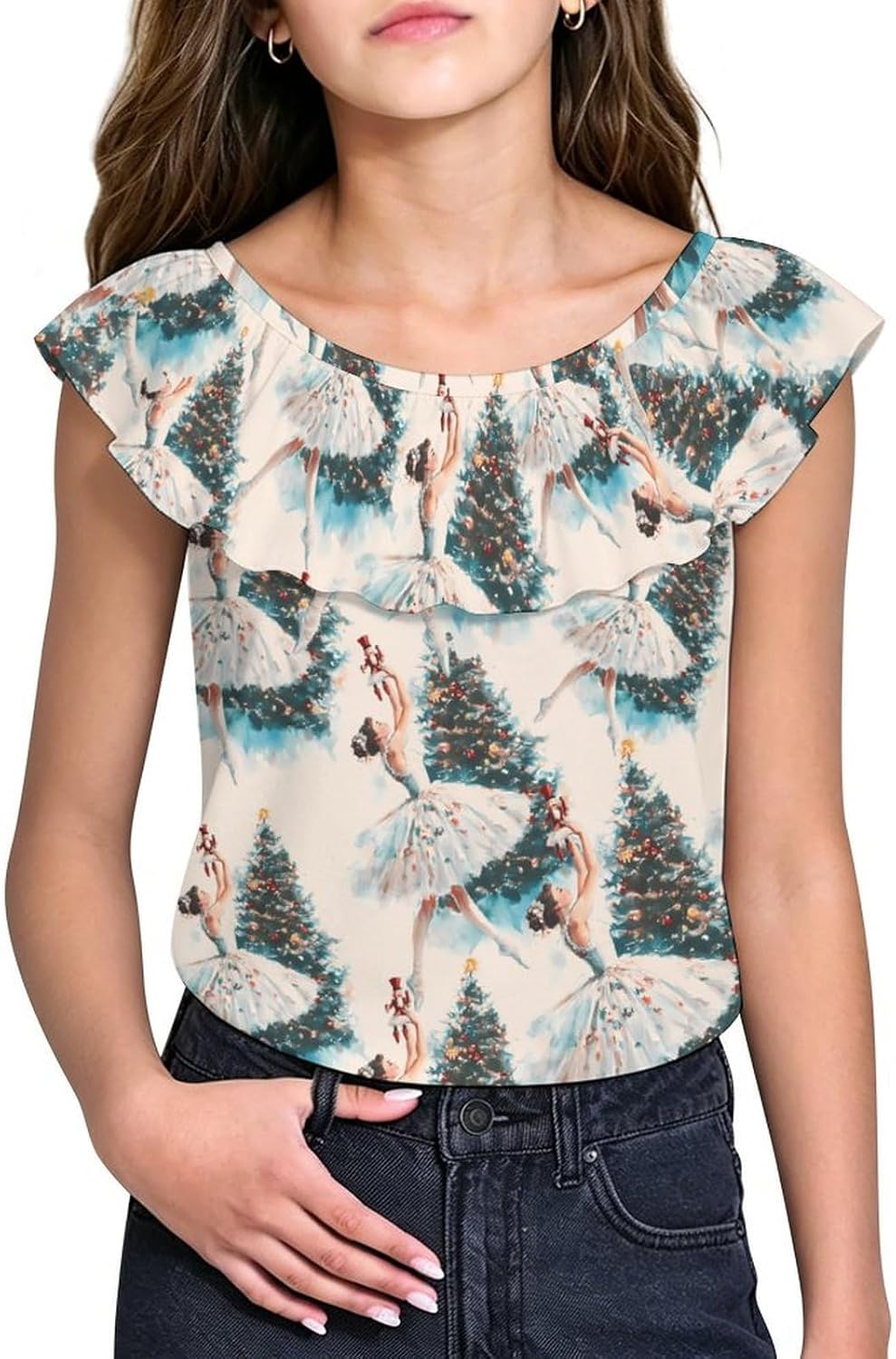 Watercolor Nutcracker Ballet Christmas Tree Girls T-Shirts Top Ruffle Short Sleeve Blouse Casual Graphic Tees