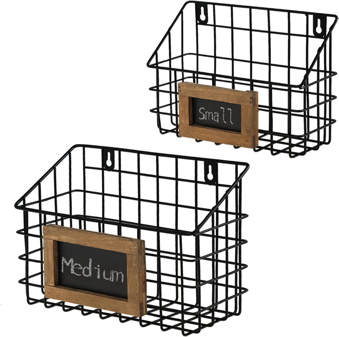 Matt Black Metal Wire Wall Hanging Storage Baskets with Chalkboard Labels, Set of 2, 2 Different Size Hanging Wire Baskets for storage, Black Metal Baskets for Wall Mount