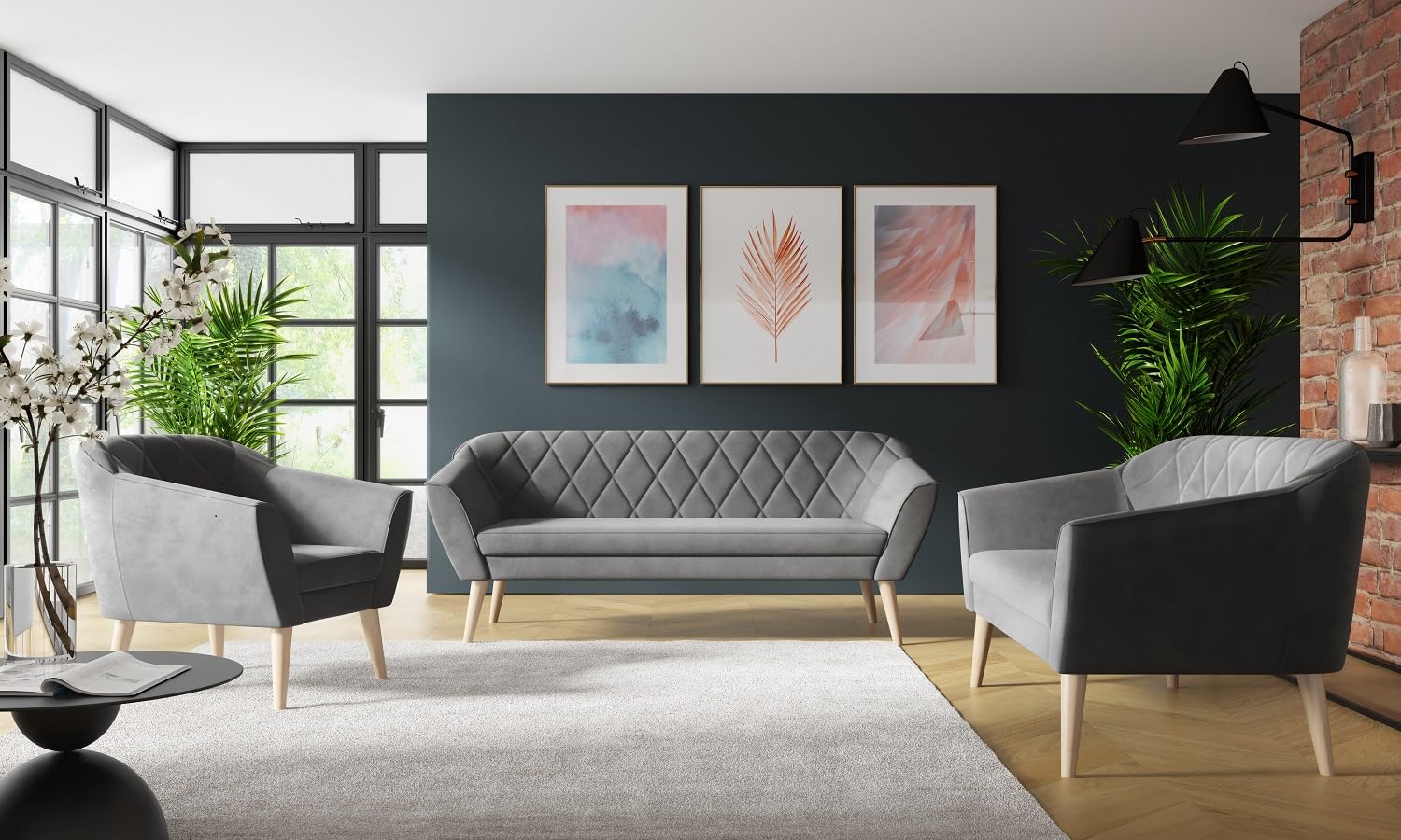 Couchgarnitur Gloria Wohnzimmerset 3+2+1 Sitzer Samt Hohe Holzfüße Buche (Riviera 91 grau)