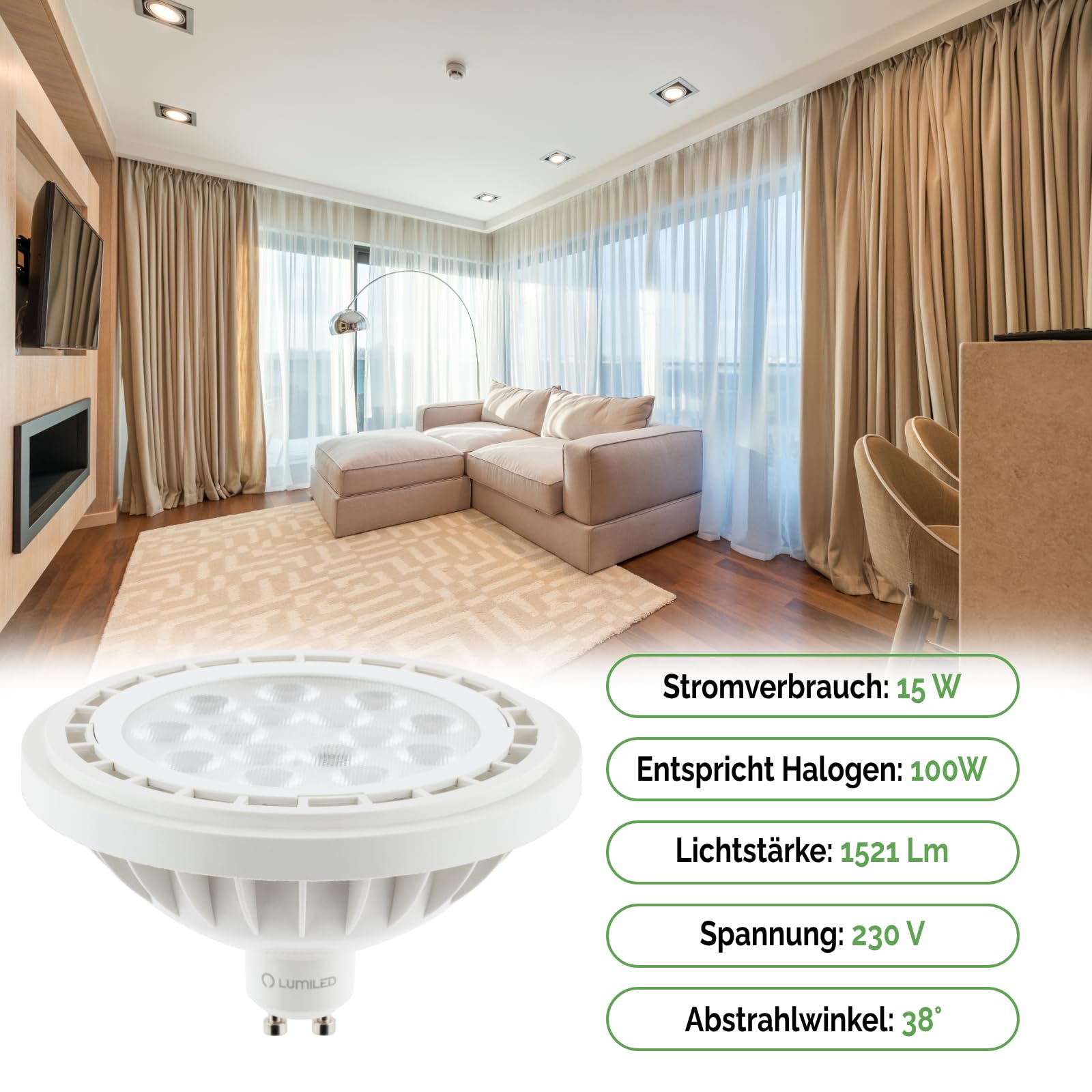 Lumiled Juego de 10 bombillas LED ES111 GU10, 230 V, 15 W (equivalente a 100 W), color blanco neutro, 4000 K, ángulo de haz de 38 grados, blanco, 1521 lúmenes, Ra>80