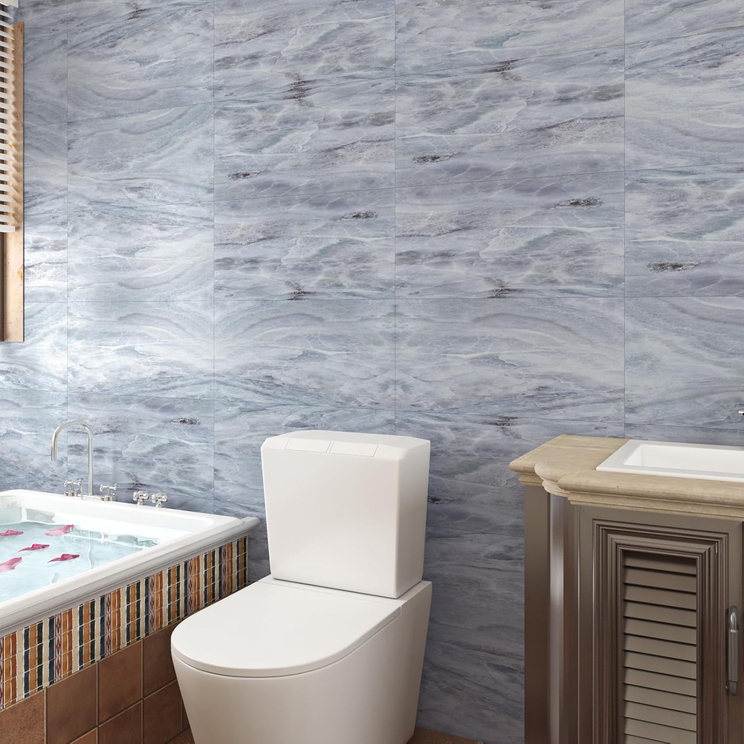 Livelynine 12-Pack 24X12 Blue Marble Vinyl Flooring Peel and Stick Floor Tile Stickers Waterproof Bathroom Floor Tiles Self Adhesive Peel and Stick Flooring Kitchen Renter Friendly Tiles for Floor