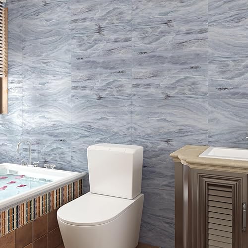 Miniatura 7 de Livelynine Azulejos de suelo de mármol azul de 24 x 12 pulgadas, 4 azulejos para pegar en el baño, azulejos de vinilo impermeable para despegar y