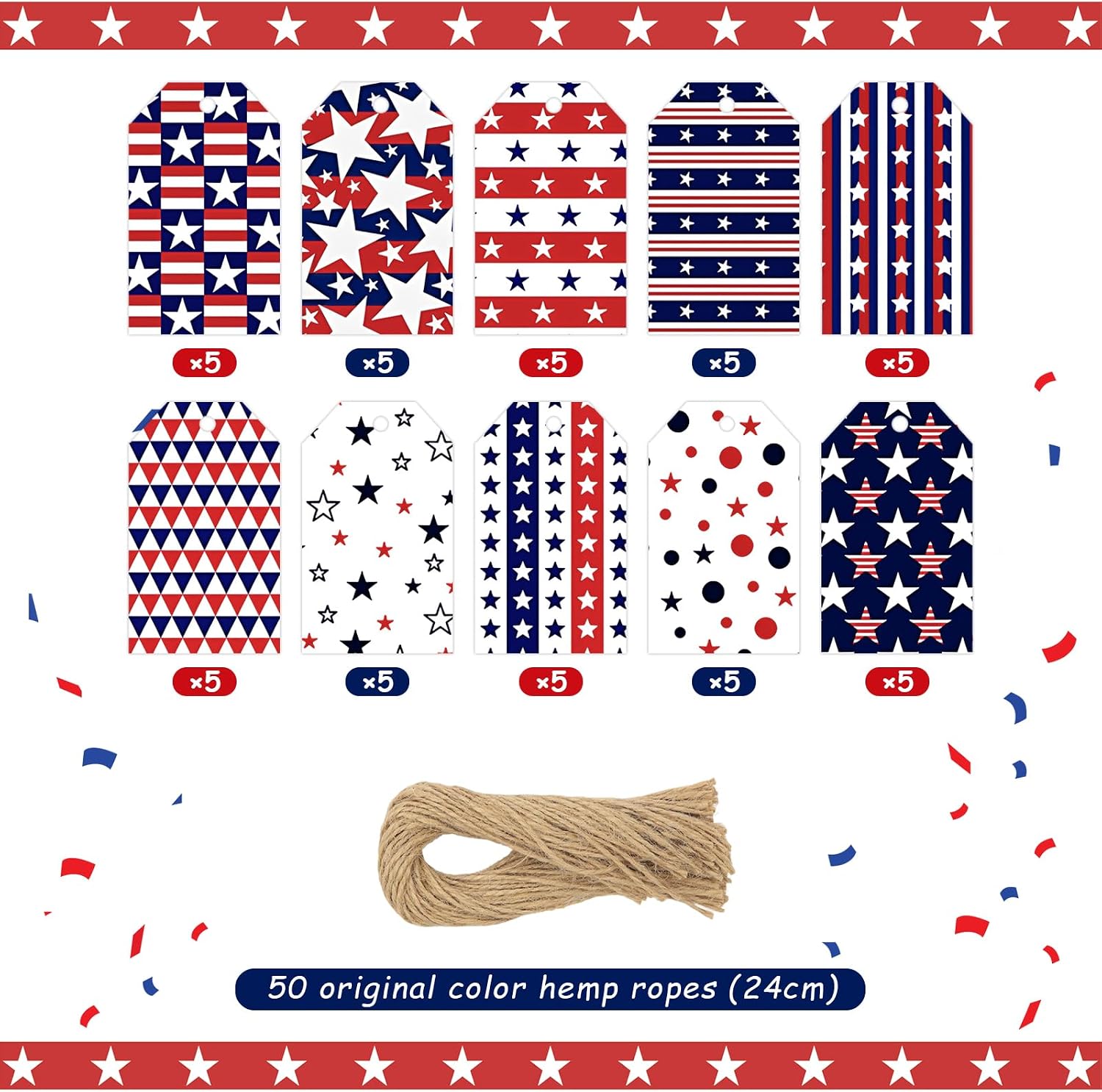 50 PCS 4th of July Gift Tags,Red Blue White Present Hanging Tags Patriotic USA Flag Stars Stripes Paper Labels Thank You Gift Wrapping Tags for July 4th Independence Memorial Veterans Day DIY Decor image 3