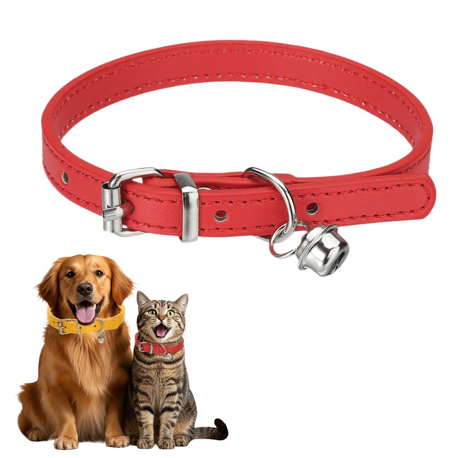 sourcing map Dog Collar with Bell, Pu Leather Cat Collars Pet Basic Soft Padded Adjustable Buckle, 12" (Red, 1 Pcs), Intended for Teacup/Little Dog/Kitten Cats/Small Animals