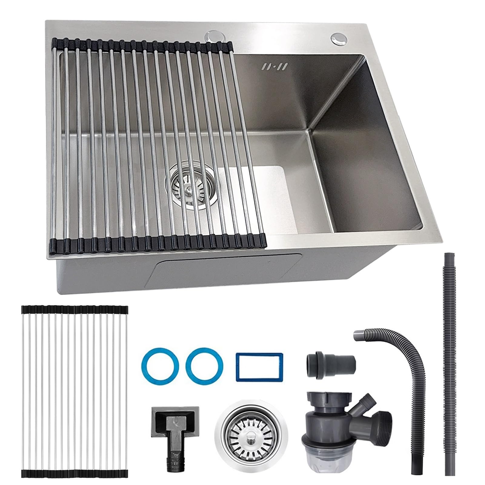 WIQUYBML Stainless Steel Kitchen Sink, Small Single Bowl Topmount Compact Bar, Utility Sink with Tap Hole, Overflow, Drainer Kit, for Pub, RV, Campervan, Basement, Outdoor(Silver,55x45cm)