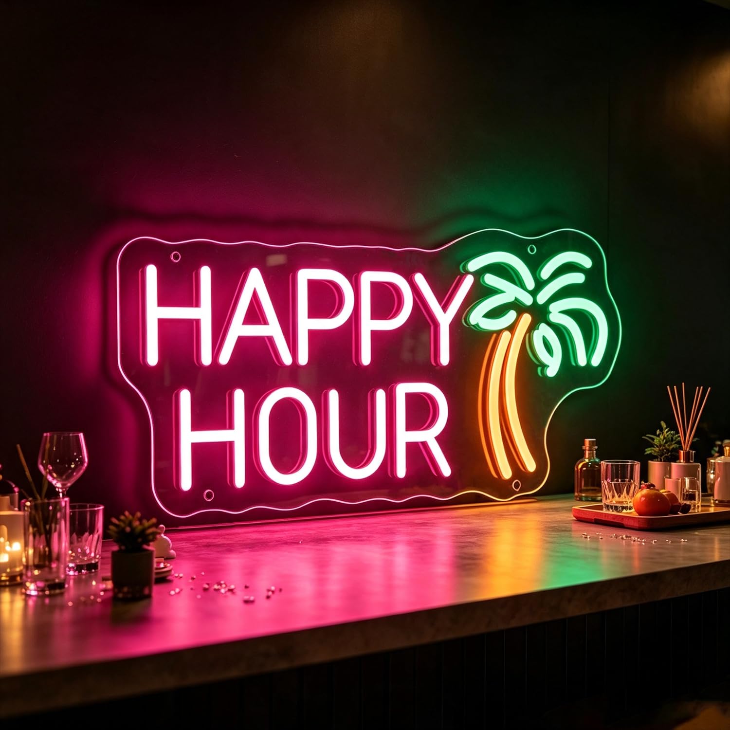 Happy Hour Neon Sign LED Neon Beer Bar Sign Light Up for Wall Decor, Dimmable USB Powered Neon Light for Bedroom Bar Club Pub Man Cave Restaurant Party Decorations 15.74”x7.87”