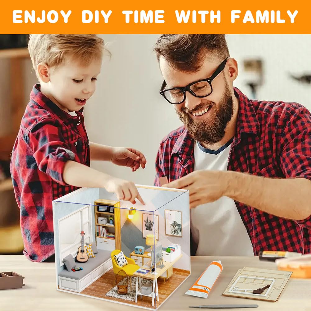 OSDUE Set Casetta Accogliente Starter Home,Casa delle Bambole in Legno Book Nook Kit Mini Costruire 3D Puzzle Decorazione Scaffale Creative Room con LED Regali per Familiari e Amici Adulti