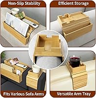 Vista 5 de Bamboo Couch Arm Tray Set,The Large(16.5"x13.4") and Small(16.5" x4.7) Non-Slip Cup Holder for Drinks, Snacks, Cup, Remote and Phone,Fit for