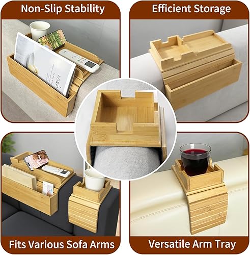 Miniatura 5 de Juego de bandejas de brazo de bambú para sofá, tamaño grande (16.5 x 13.4 pulgadas) y pequeño (16.5 x 4.7) soporte antideslizante para tazas,