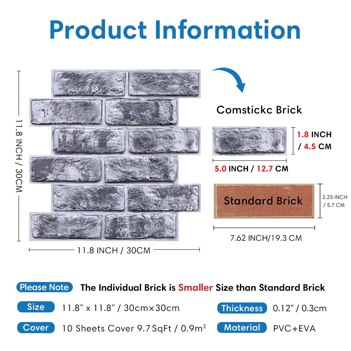 COMSTICKC 3D Wandpanelen Zelfklevend Baksteen, Grijze Bakstenen Wandpaneel, 10 Stuks 30x30 cm, 3D PVC Zelfklevende Behang Wandtegels Voor Woonkamer, Keuken, Wanddecoratie, Waterdicht